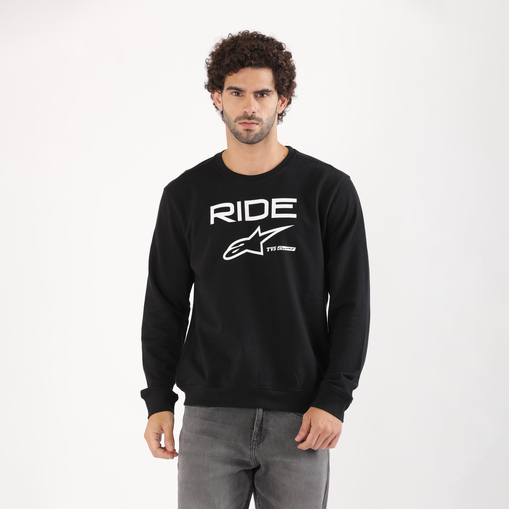 TVS Racing x Alpinestars Crew Neck Pullover Sweatshirt – 100% Cotton French Terry, Ultra-Soft Comfort, Breathable Anti-Odor Fabric, Ribbed Hem & Sleeves for Premium Fit & Style