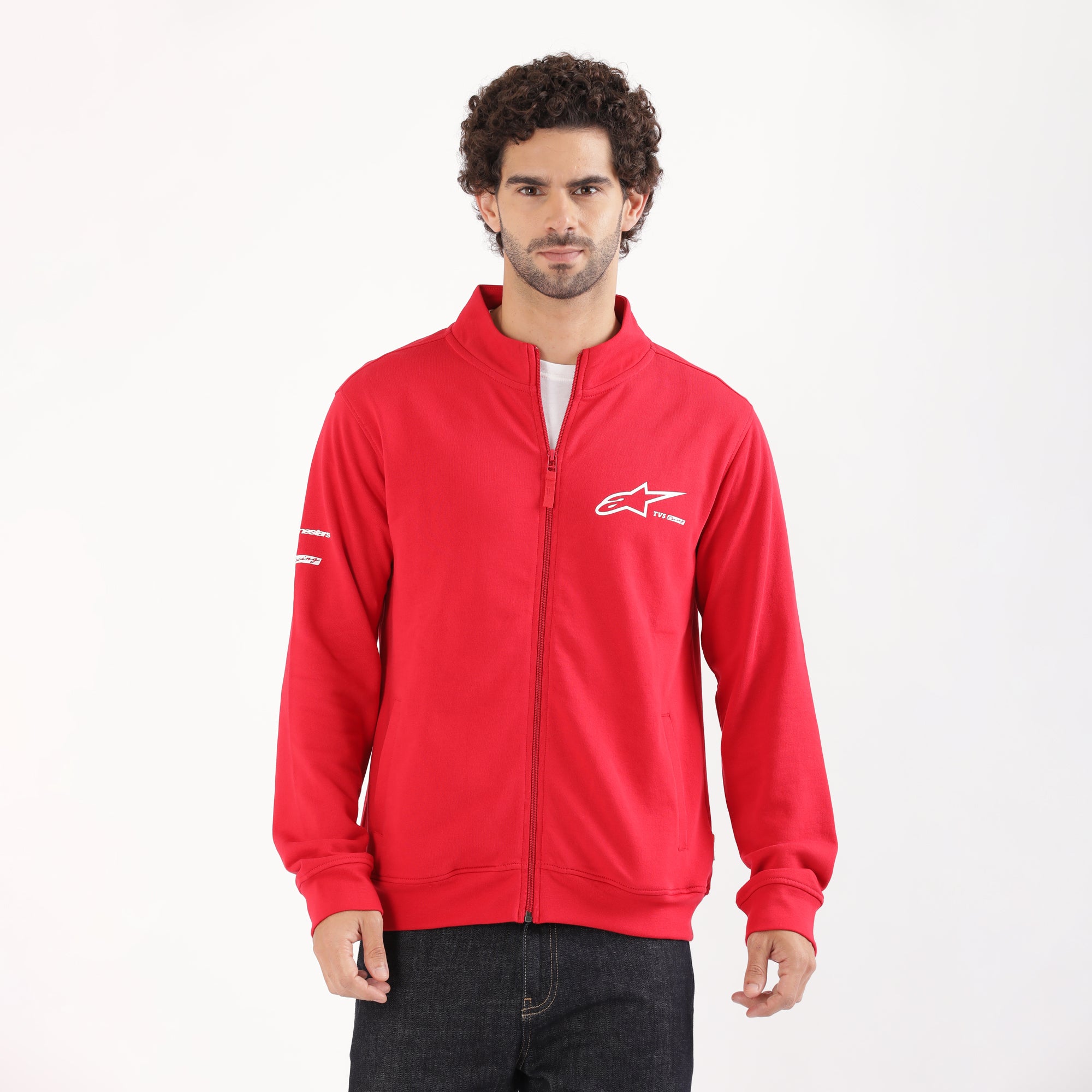 TVS Racing x Alpinestars High Neck Sweatshirt – 100% Cotton French Terry, Ultra-Soft Comfort, Breathable Anti-Odor Fabric, YKK Zipper, Ribbed Hem, Utility Pockets & Stylish Rider Look