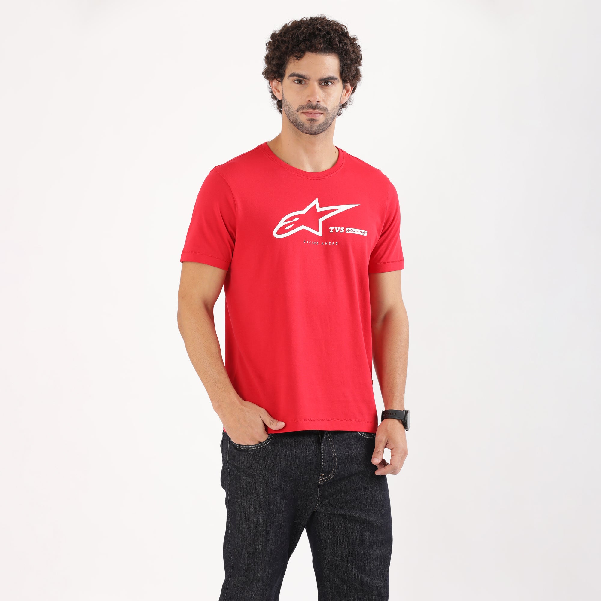 TVS Racing x Alpinestars Crew Neck T-Shirt-100% Soft Combed Cotton, Breathable & Anti-Microbial Fabric, Non-PVC Print, No-Chafe Skin-Friendly Comfort for Racing & Casual Everyday Wear