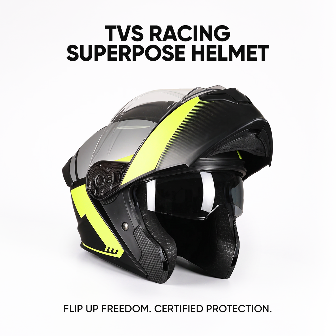 TVS Racing SuperPose Smoked Dual Visor Flip Up Modular Helmet for Men and Women, ISI DOT Certified, ABS Shell, Quick Release Visor, Lightweight, Ventilated, Open Face to Full Face