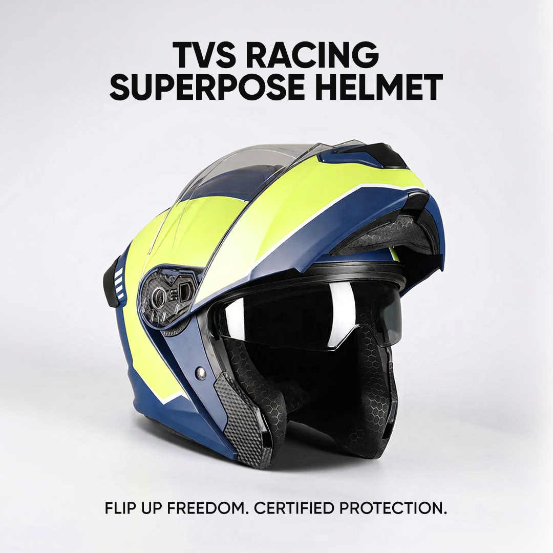TVS Racing SuperPose Smoked Dual Visor Flip Up Modular Helmet for Men and Women, ISI DOT Certified, ABS Shell, Quick Release Visor, Lightweight, Ventilated, Open Face to Full Face