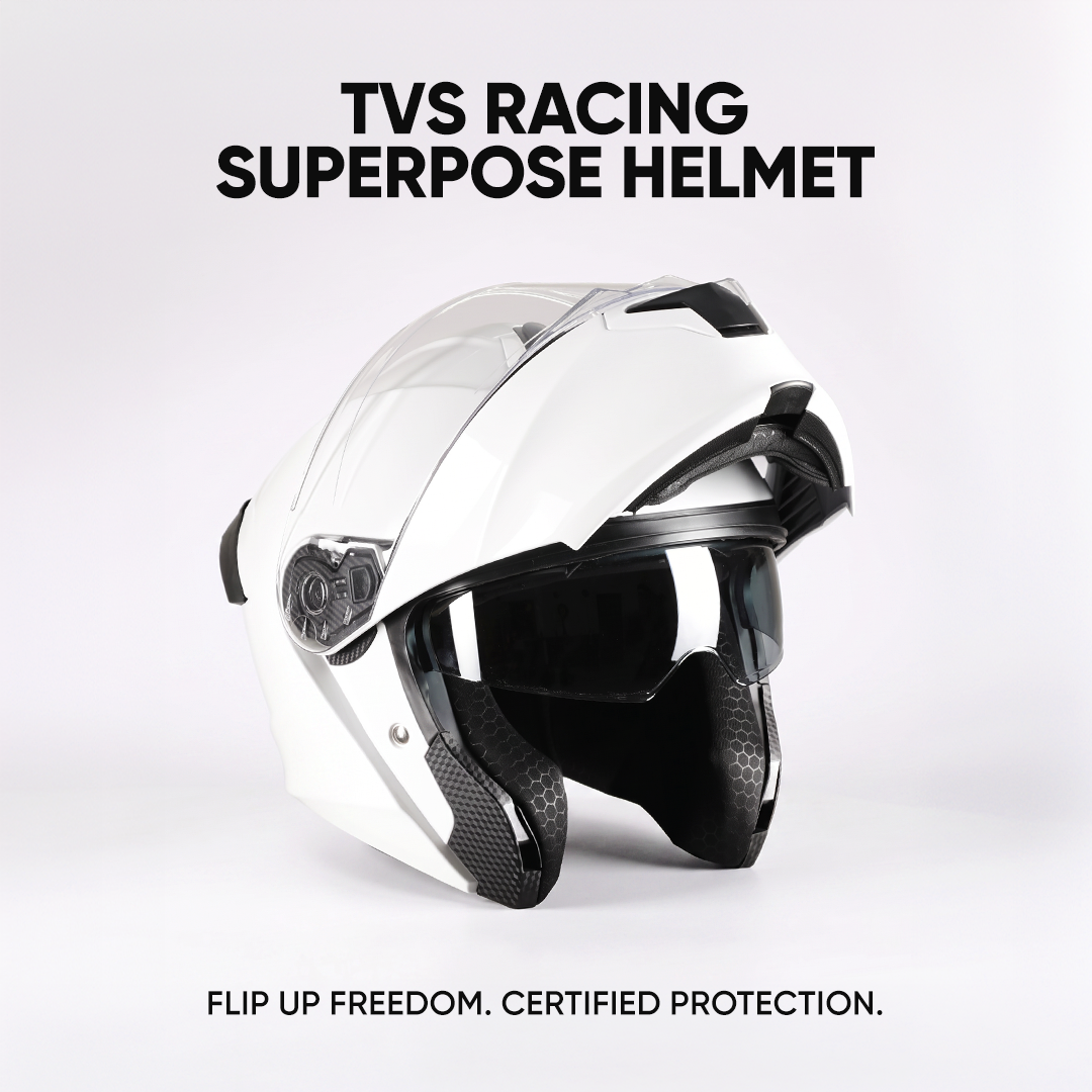 TVS Racing SuperPose Smoked Dual Visor Flip Up Modular Helmet for Men and Women, ISI DOT Certified, ABS Shell, Quick Release Visor, Lightweight, Ventilated, Open Face to Full Face