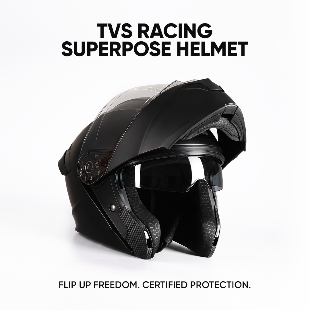 TVS Racing SuperPose Smoked Dual Visor Flip Up Modular Helmet for Men and Women, ISI DOT Certified, ABS Shell, Quick Release Visor, Lightweight, Ventilated, Open Face to Full Face