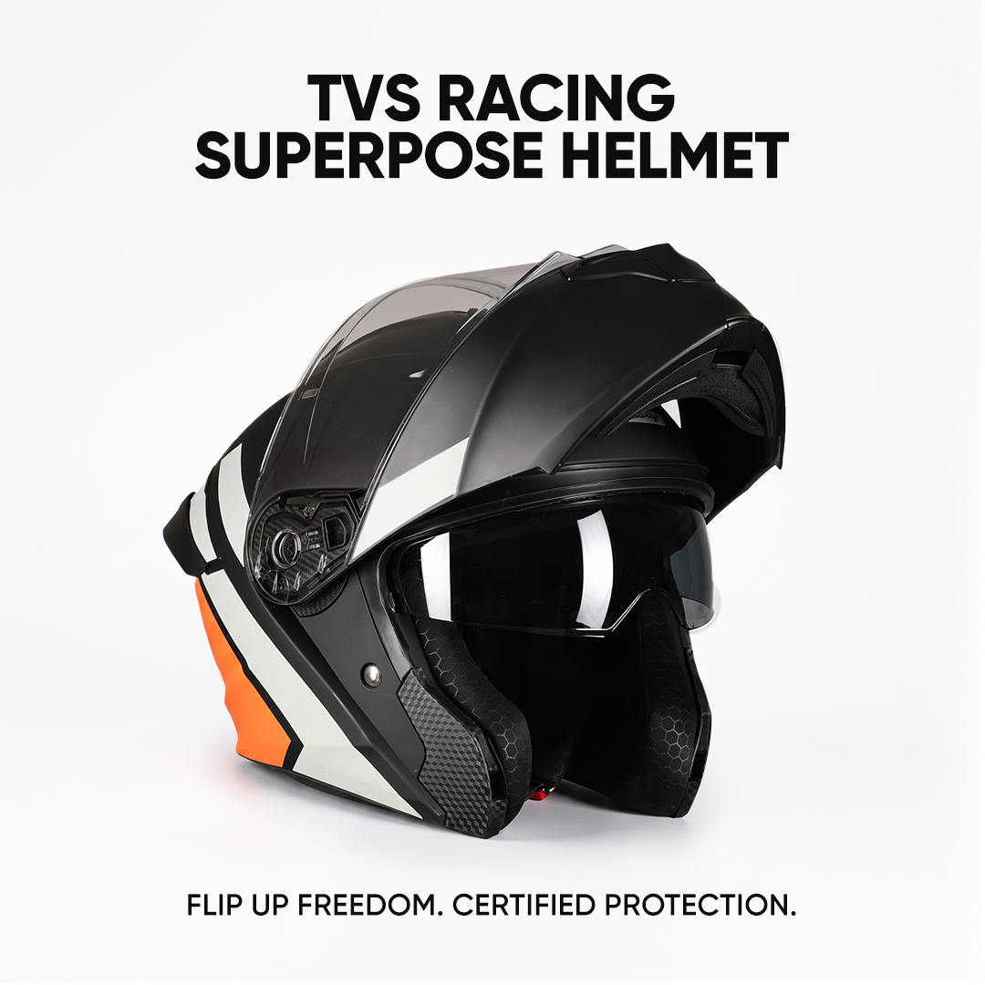 TVS Racing SuperPose Smoked Dual Visor Flip Up Modular Helmet for Men and Women, ISI DOT Certified, ABS Shell, Quick Release Visor, Lightweight, Ventilated, Open Face to Full Face