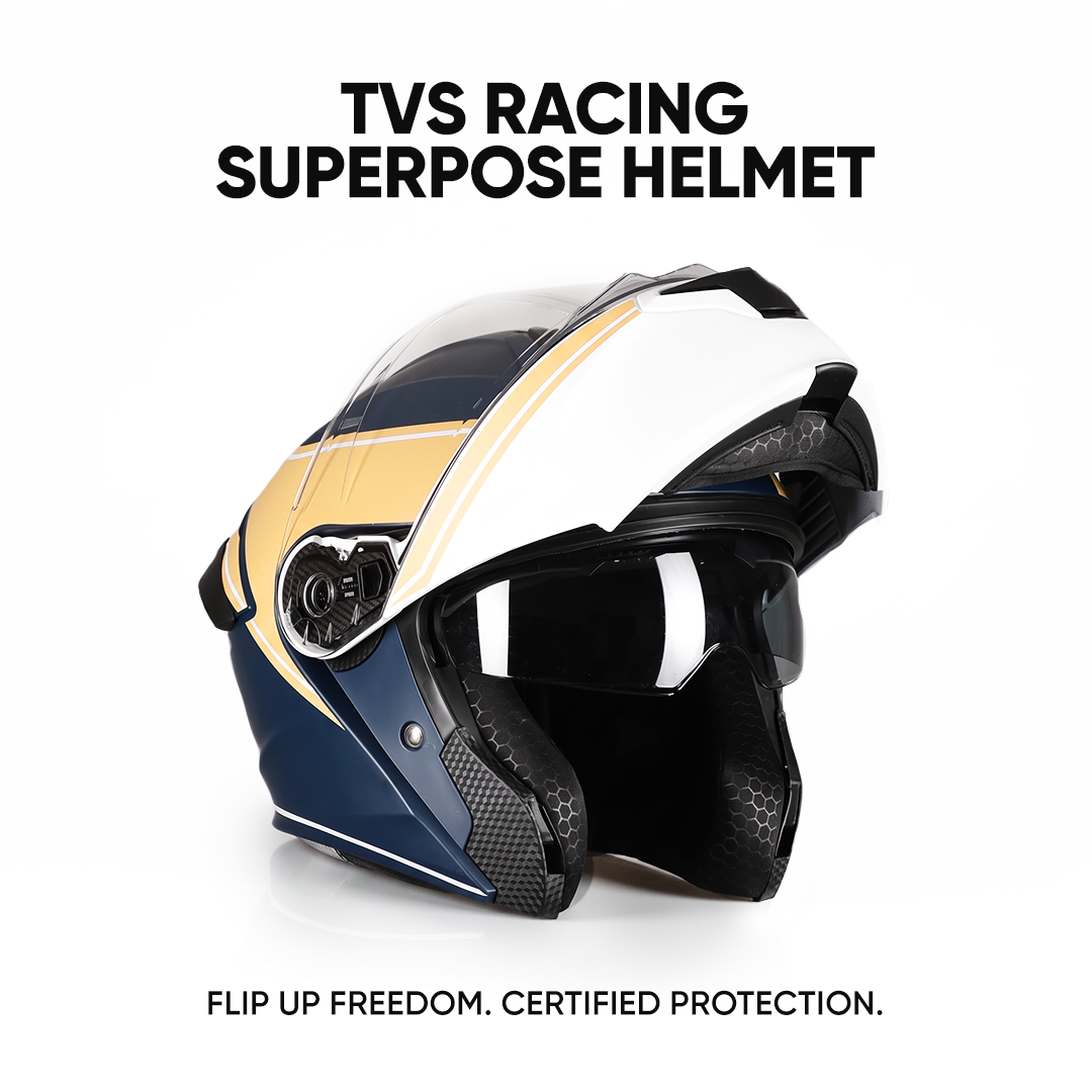 TVS Racing SuperPose Smoked Dual Visor Flip Up Modular Helmet for Men and Women, ISI DOT Certified, ABS Shell, Quick Release Visor, Lightweight, Ventilated, Open Face to Full Face