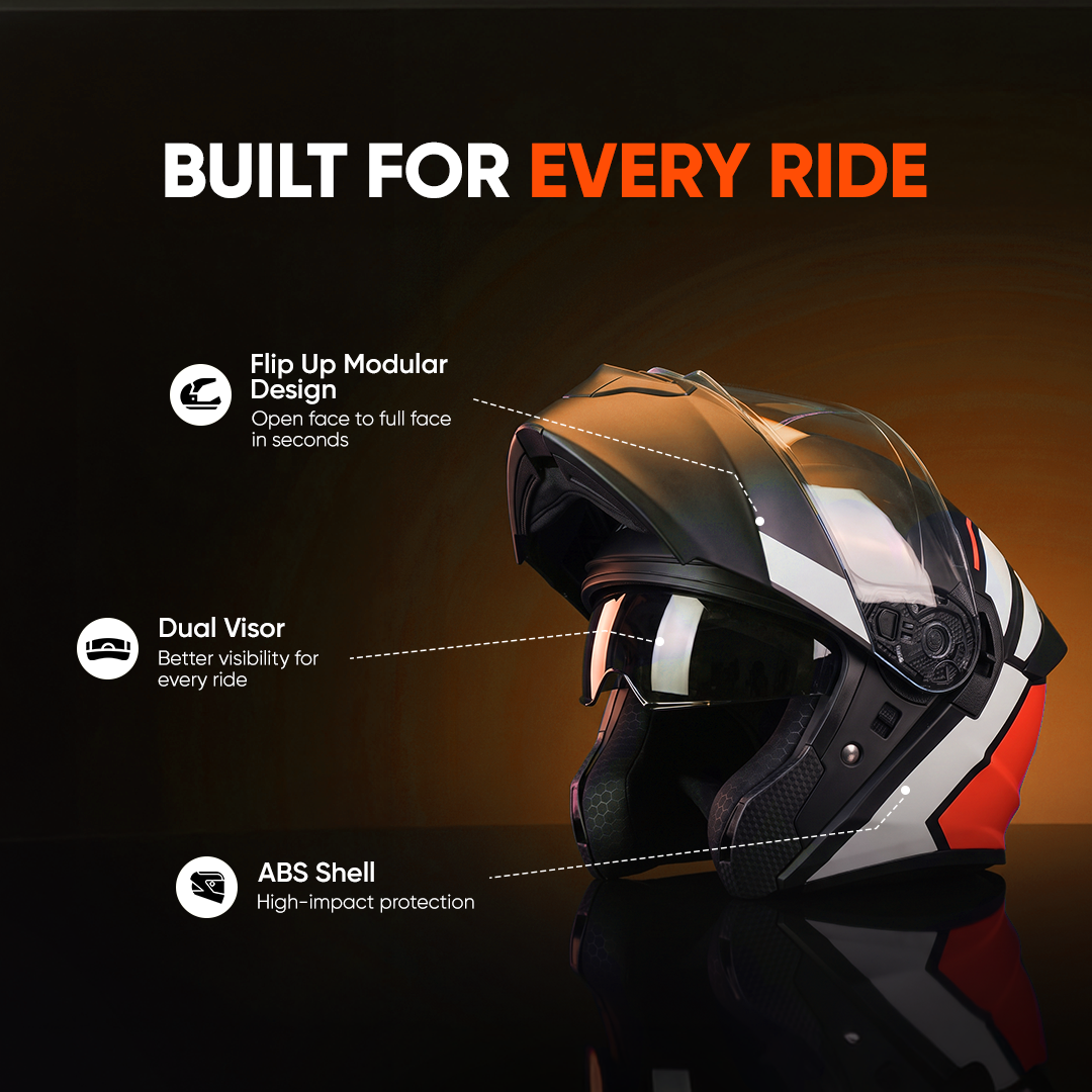 TVS Racing SuperPose Smoked Dual Visor Flip Up Modular Helmet for Men and Women, ISI DOT Certified, ABS Shell, Quick Release Visor, Lightweight, Ventilated, Open Face to Full Face