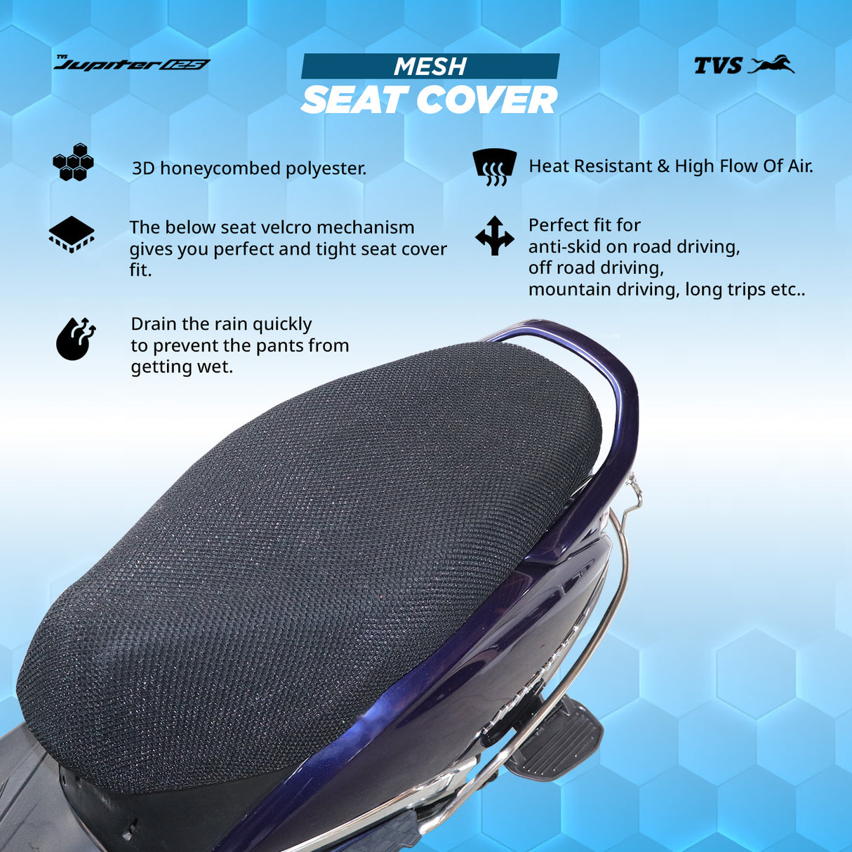 TVS Mesh Seat Cover for JUPITER125  - Polyester, Breathable 3D Honeycomb with Anti-Slip, All-Weather Protection