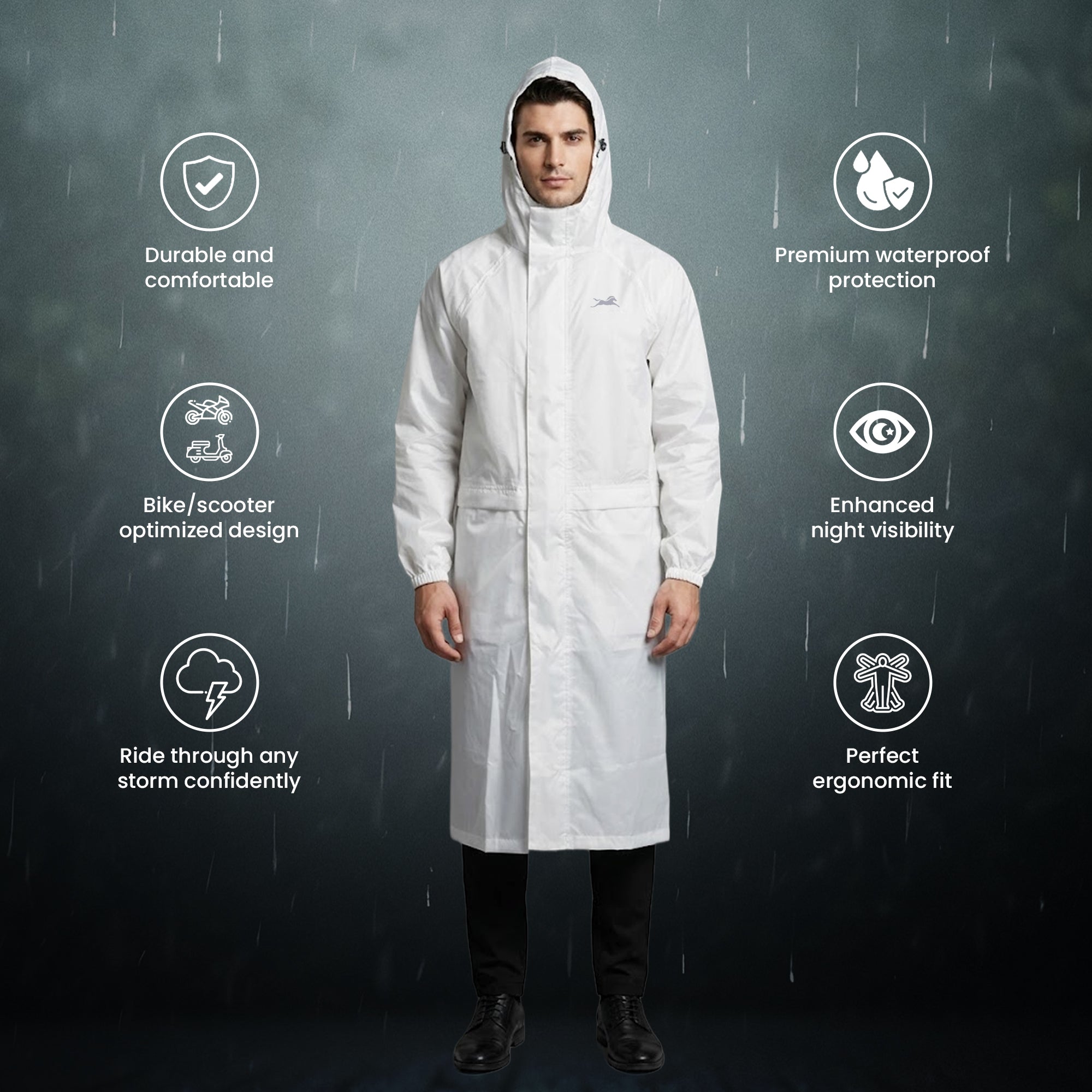 TVS Long Raincoat with Hood for Men & Women – PU Coated Waterproof Rain Wear with Reflective Back & Elasticated Sleeves | Color: White