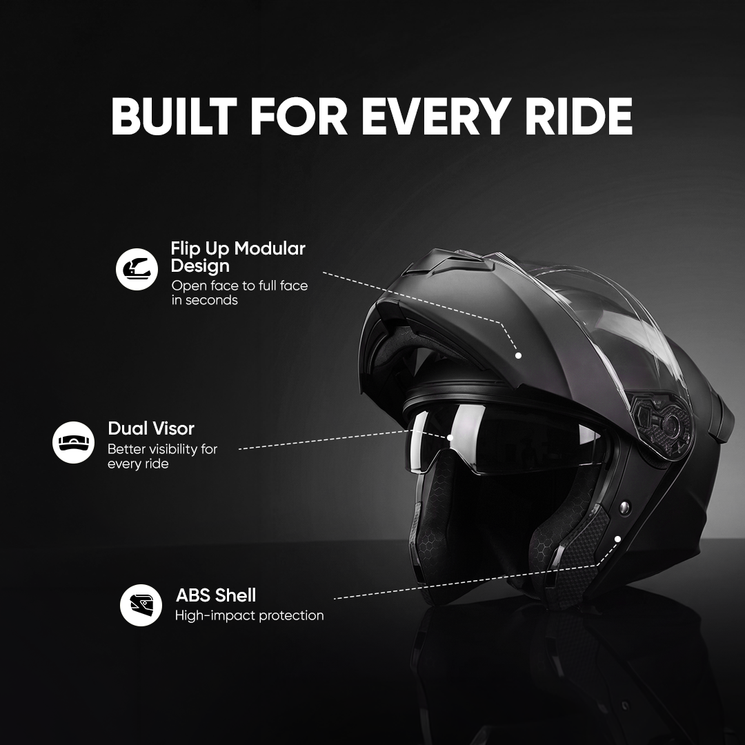 TVS Racing SuperPose Smoked Dual Visor Flip Up Modular Helmet for Men and Women, ISI DOT Certified, ABS Shell, Quick Release Visor, Lightweight, Ventilated, Open Face to Full Face