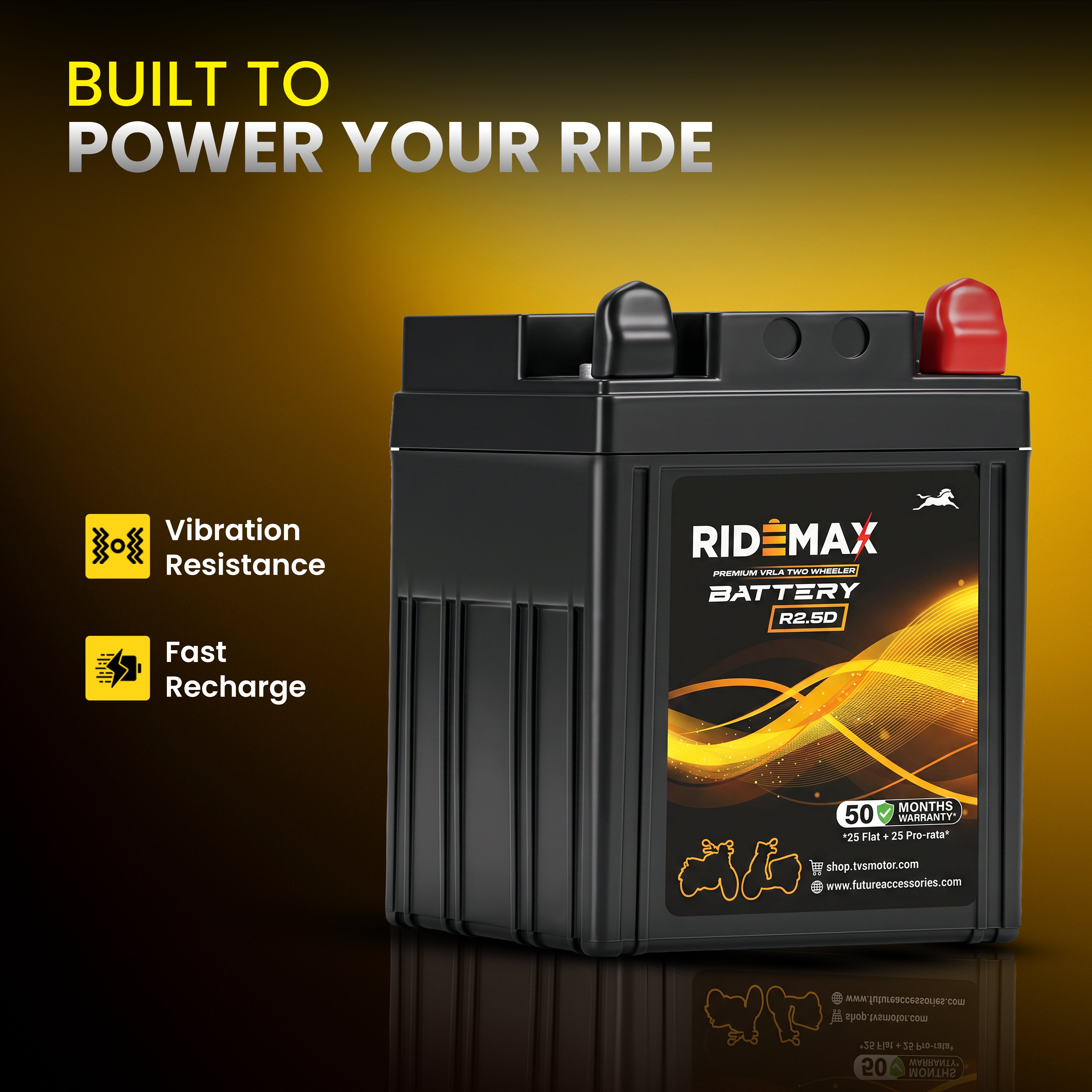 RideMax Premium VRLA 12 Volt Two Wheeler Battery R2.5D