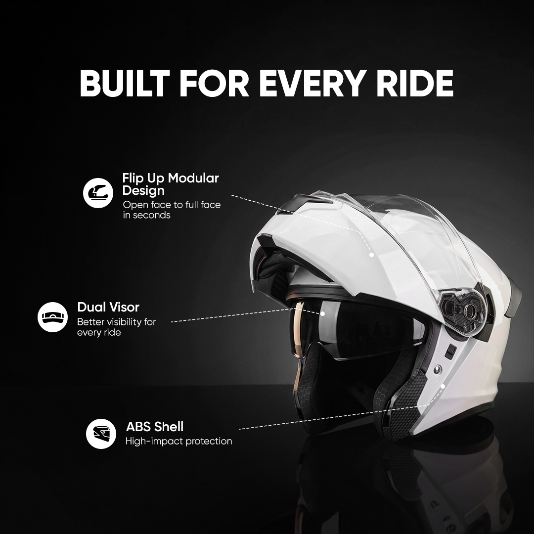 TVS Racing SuperPose Smoked Dual Visor Flip Up Modular Helmet for Men and Women, ISI DOT Certified, ABS Shell, Quick Release Visor, Lightweight, Ventilated, Open Face to Full Face