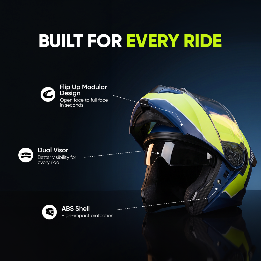 TVS Racing SuperPose Smoked Dual Visor Flip Up Modular Helmet for Men and Women, ISI DOT Certified, ABS Shell, Quick Release Visor, Lightweight, Ventilated, Open Face to Full Face