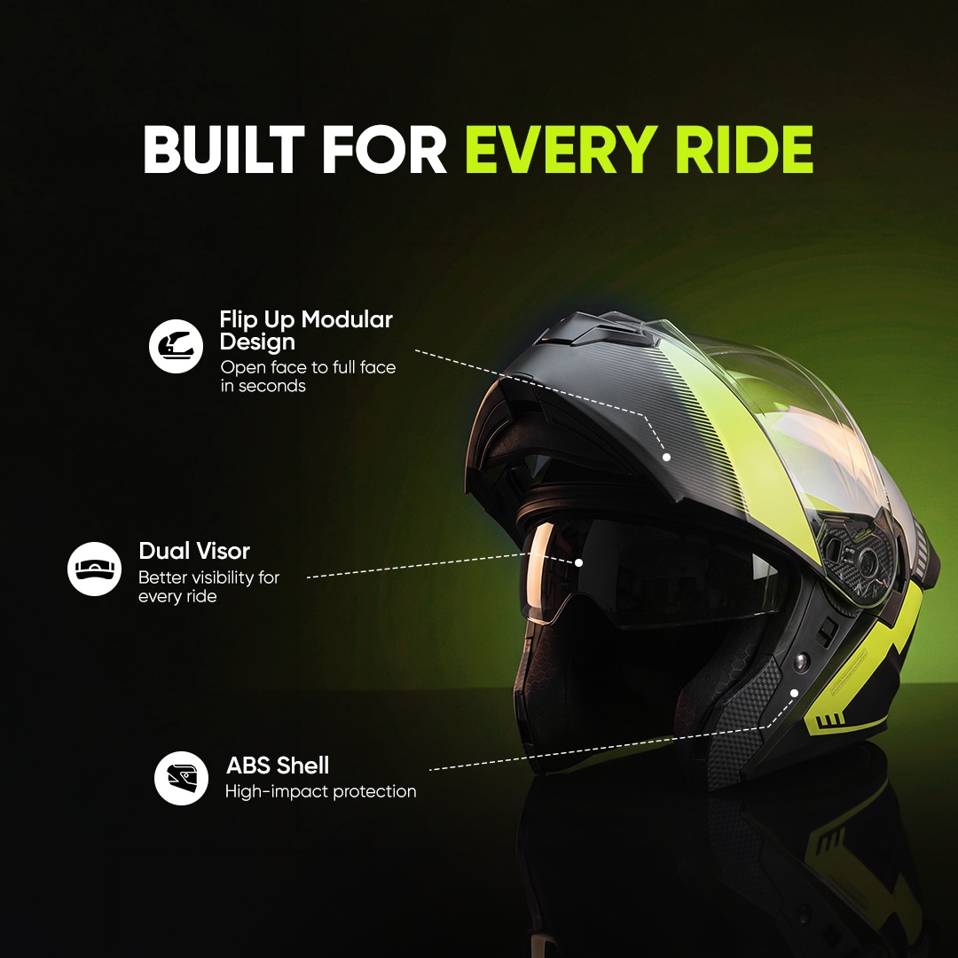TVS Racing SuperPose Smoked Dual Visor Flip Up Modular Helmet for Men and Women, ISI DOT Certified, ABS Shell, Quick Release Visor, Lightweight, Ventilated, Open Face to Full Face