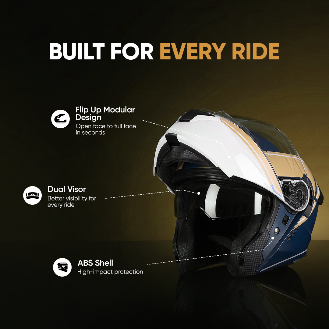 TVS Racing SuperPose Smoked Dual Visor Flip Up Modular Helmet for Men and Women, ISI DOT Certified, ABS Shell, Quick Release Visor, Lightweight, Ventilated, Open Face to Full Face