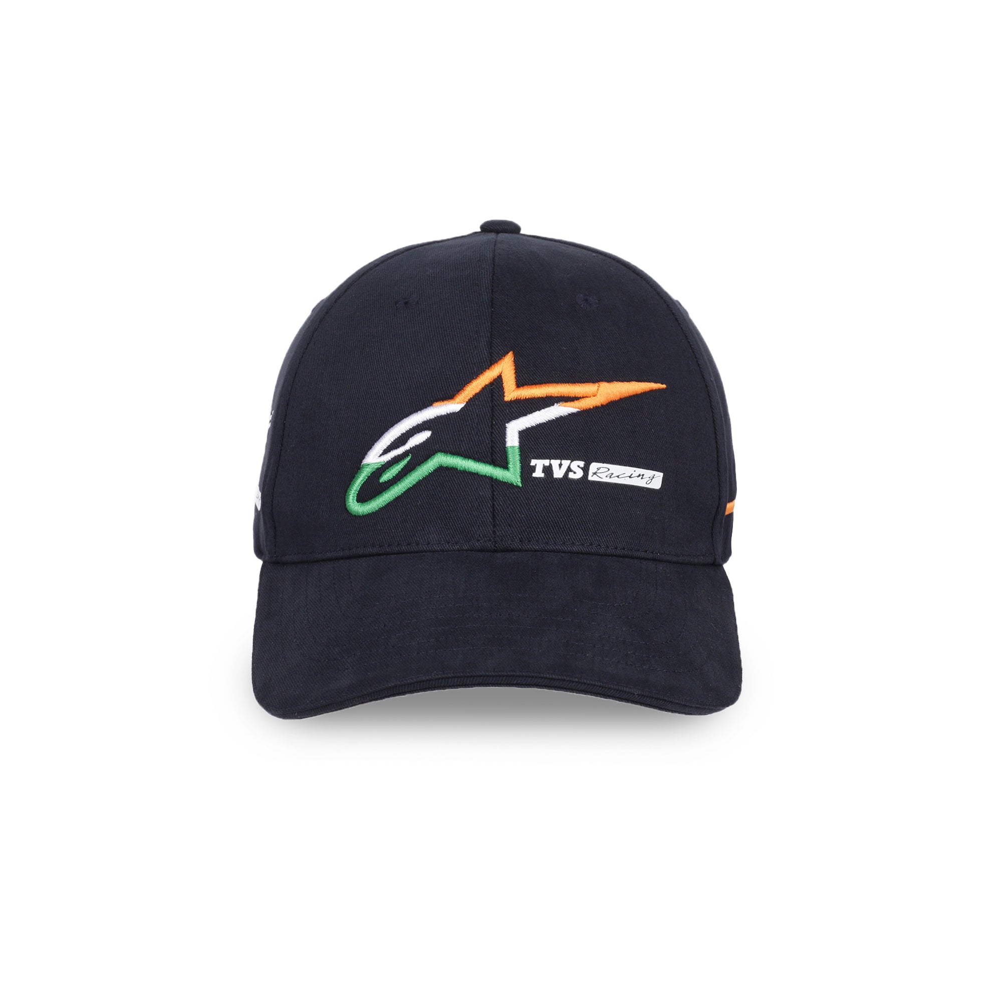 TVS Racing x Alpinestars Cap – 100% Cotton Twill, Breathable & Skin-Friendly Fabric, 6-Panel Design, Adjustable Metal Buckle Closure, Flexible Peak for Sunshade, and Embroidered Branding