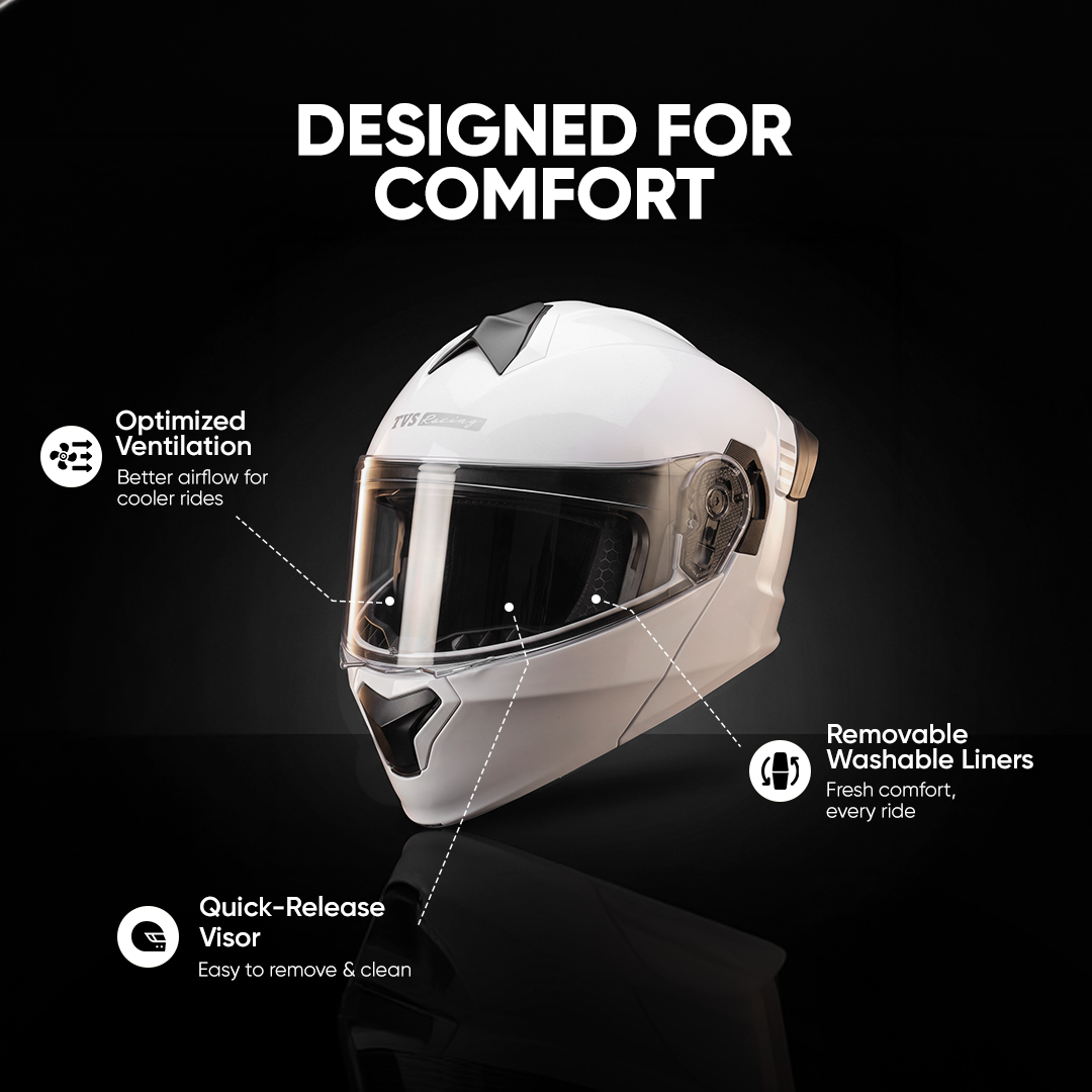 TVS Racing SuperPose Smoked Dual Visor Flip Up Modular Helmet for Men and Women, ISI DOT Certified, ABS Shell, Quick Release Visor, Lightweight, Ventilated, Open Face to Full Face
