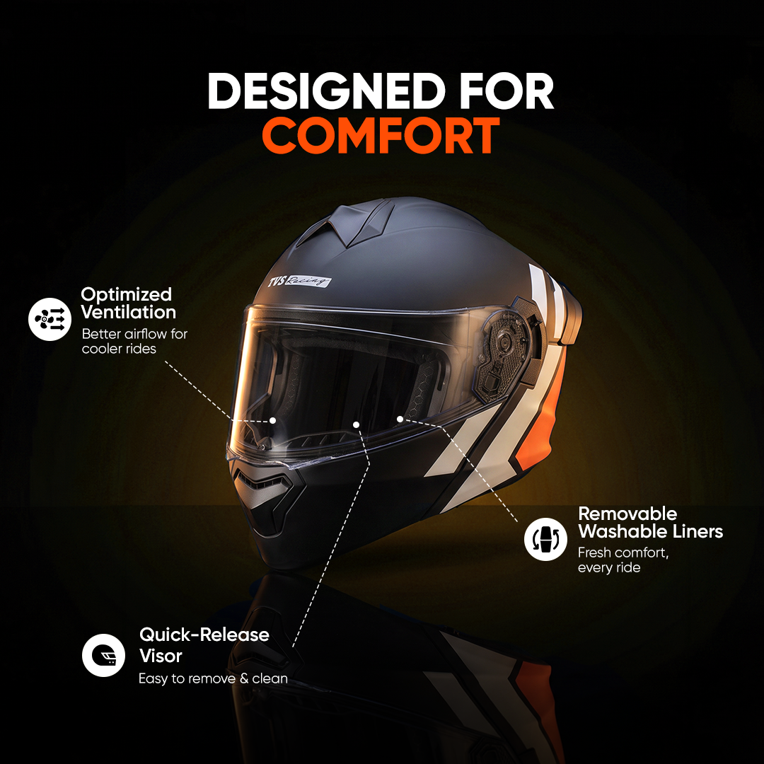 TVS Racing SuperPose Smoked Dual Visor Flip Up Modular Helmet for Men and Women, ISI DOT Certified, ABS Shell, Quick Release Visor, Lightweight, Ventilated, Open Face to Full Face