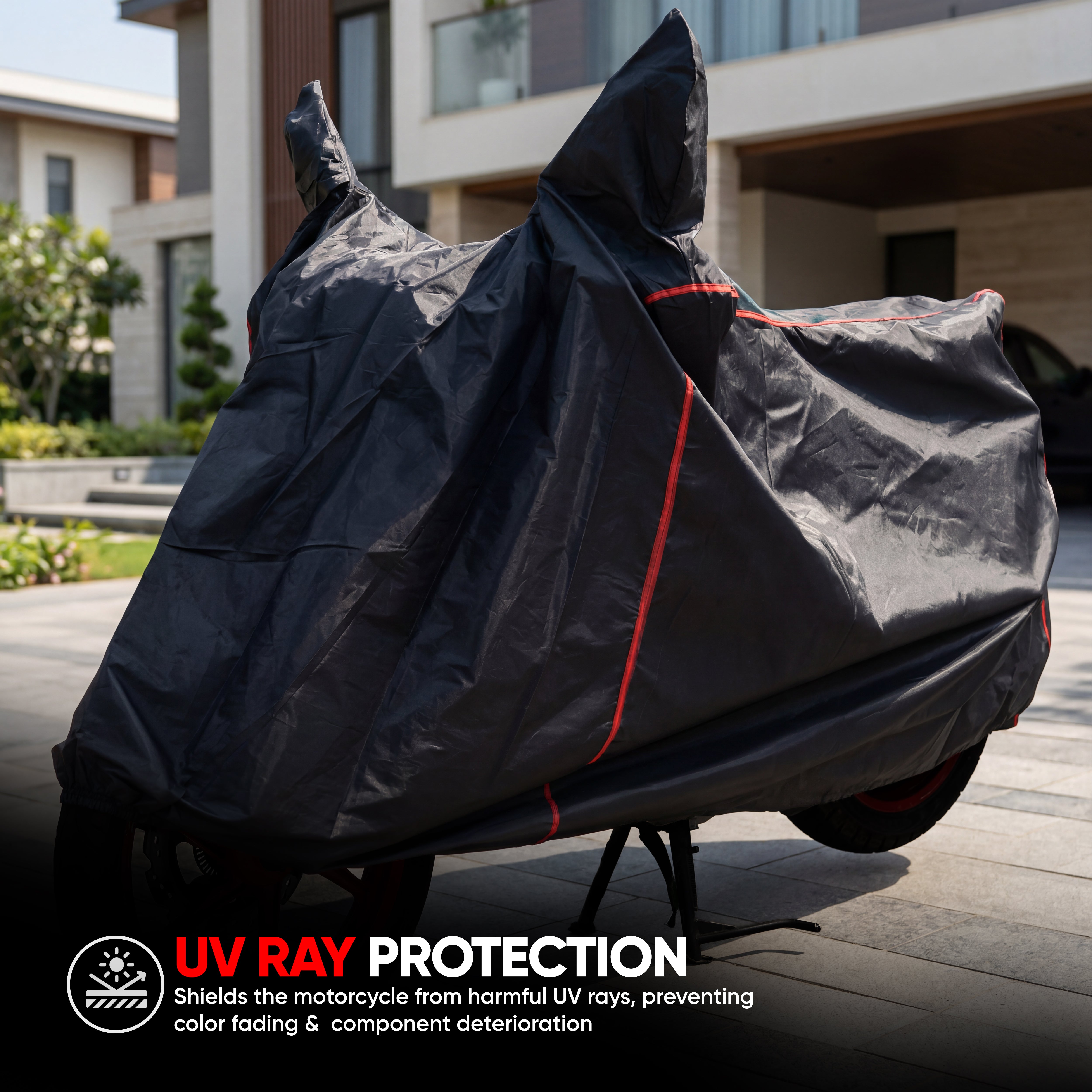 TVS Premium Universal Bike Cover – UV & Water Resistant, Dustproof, All-Weather Protection with Soft Fabric, Elastic Hem & Windproof Buckles