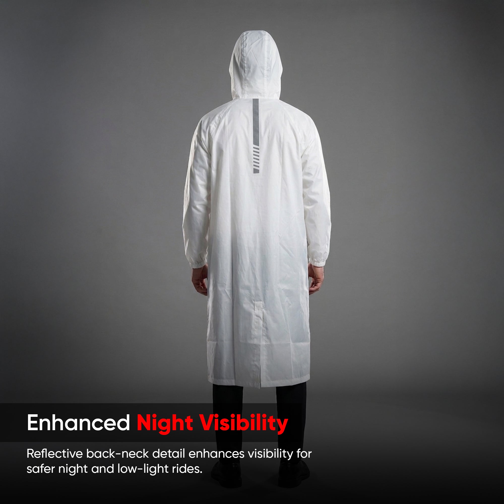 TVS Long Raincoat with Hood for Men & Women – PU Coated Waterproof Rain Wear with Reflective Back & Elasticated Sleeves | Color: White