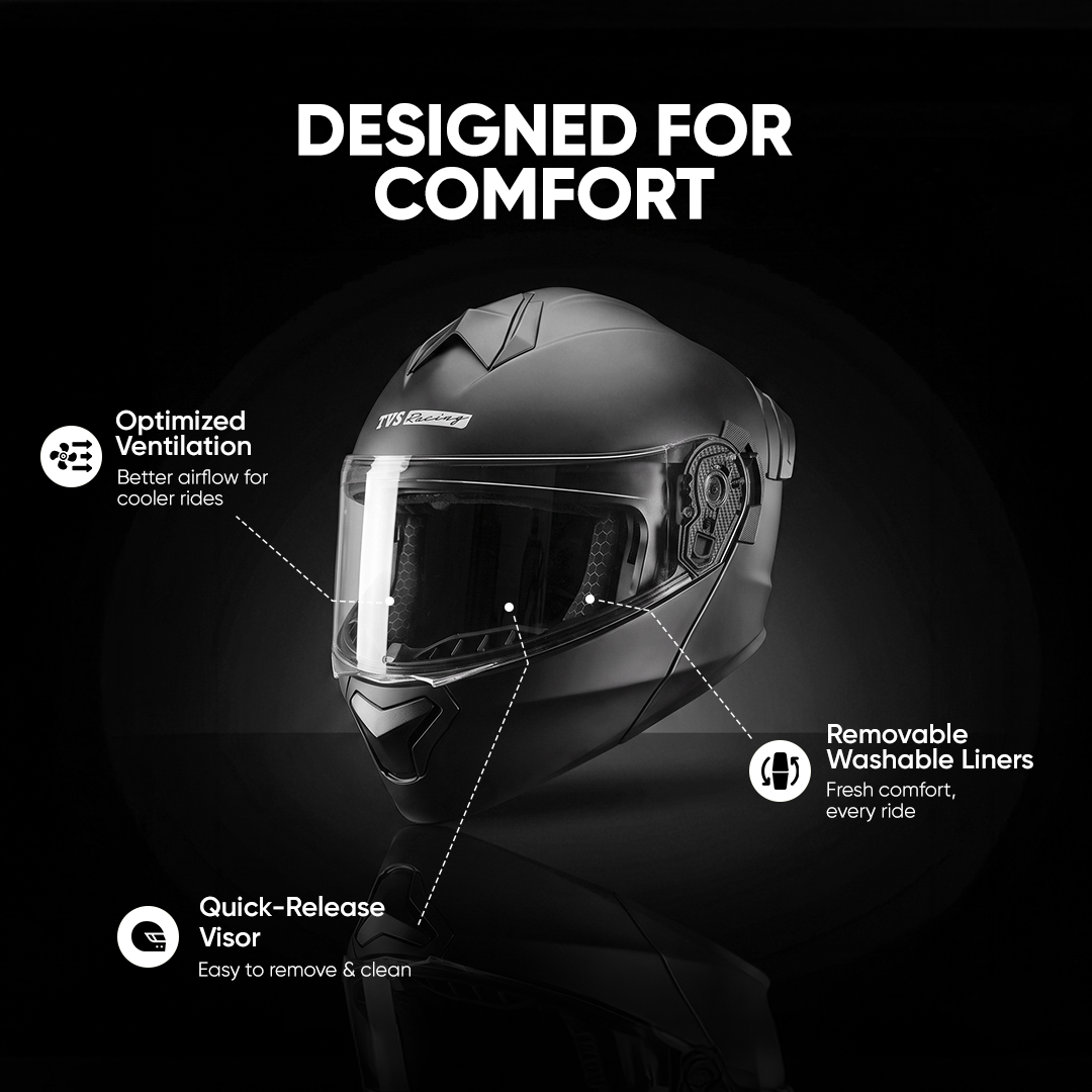 TVS Racing SuperPose Smoked Dual Visor Flip Up Modular Helmet for Men and Women, ISI DOT Certified, ABS Shell, Quick Release Visor, Lightweight, Ventilated, Open Face to Full Face