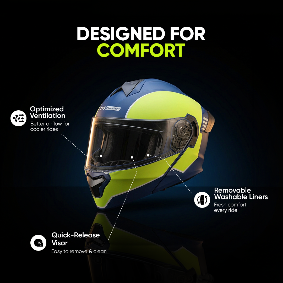 TVS Racing SuperPose Smoked Dual Visor Flip Up Modular Helmet for Men and Women, ISI DOT Certified, ABS Shell, Quick Release Visor, Lightweight, Ventilated, Open Face to Full Face