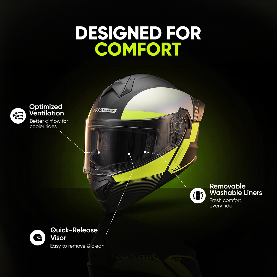 TVS Racing SuperPose Smoked Dual Visor Flip Up Modular Helmet for Men and Women, ISI DOT Certified, ABS Shell, Quick Release Visor, Lightweight, Ventilated, Open Face to Full Face