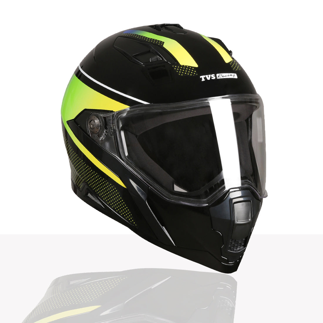 TVS Racing Anti Matter Full Face Helmet for Bike & Motorcycle Riders-DOT & ISI Certified-Lightweight ABS Shell, UV Resistant-Ventilated Comfort Liner, Quick-Release Visor & Chin Strap (Glossy Black Green)