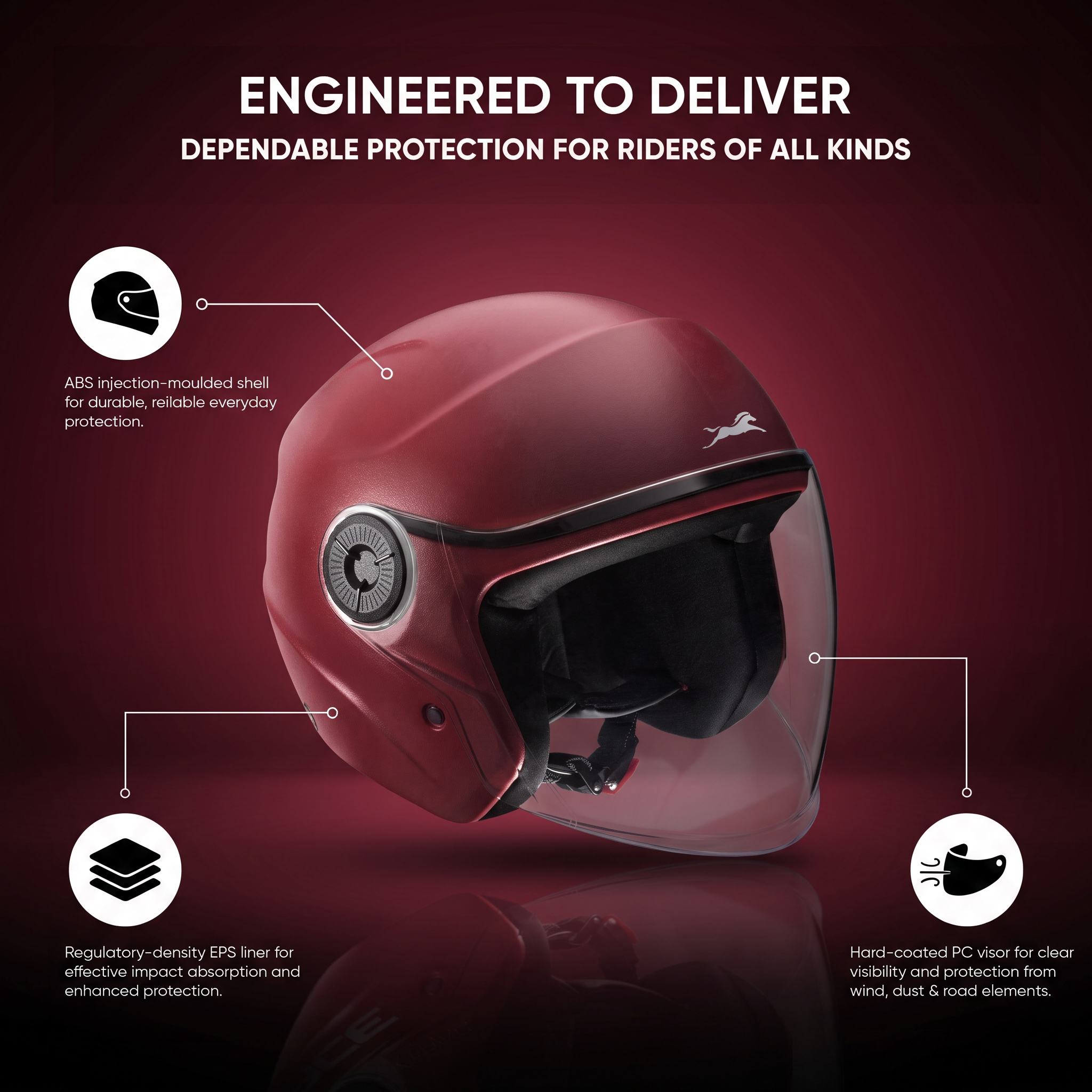 TVS Ace ISI Certified Open Face Matte Finish Helmet with Full Coverage Visor for Men and Women | Available in Eight Colors