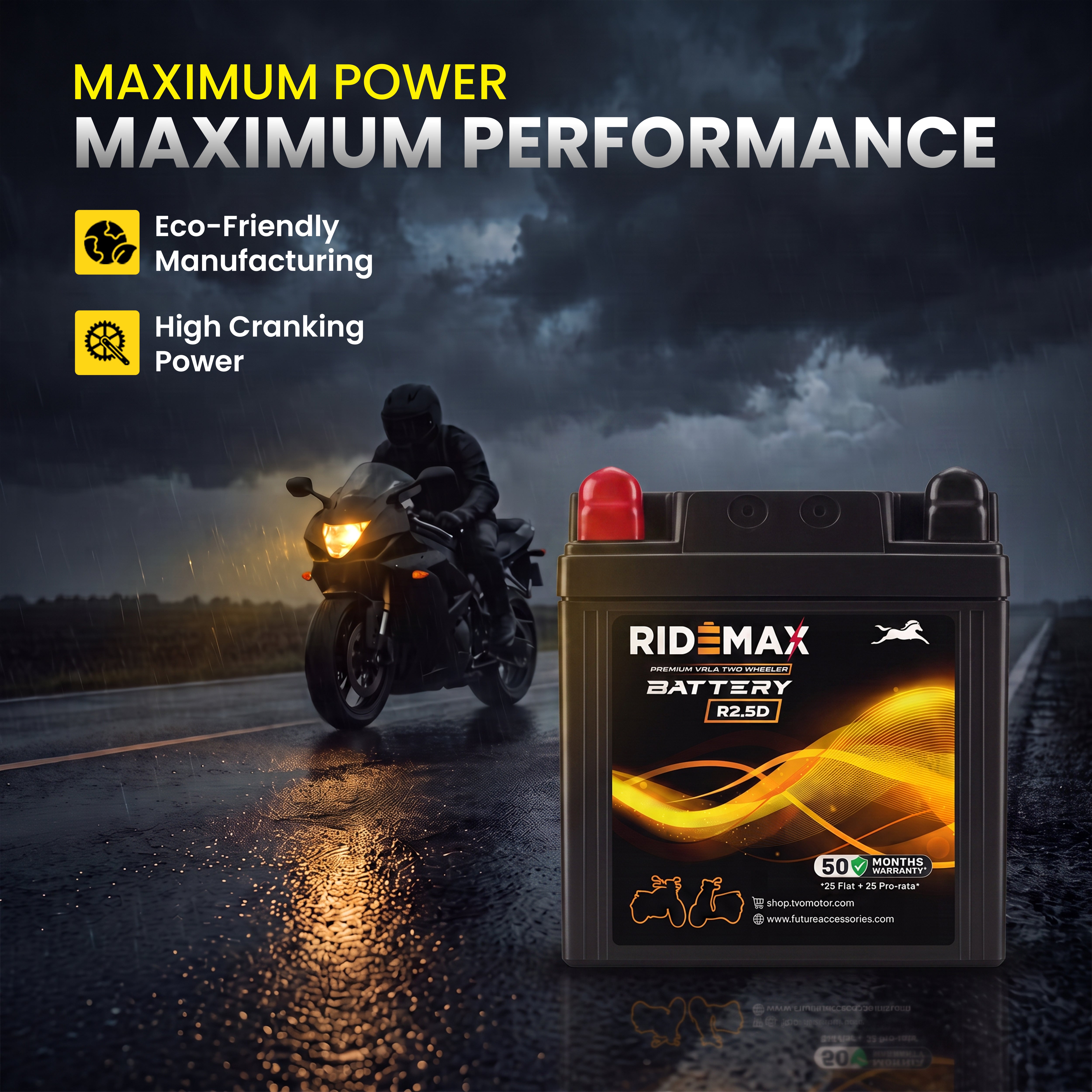 RideMax Premium VRLA 12 Volt Two Wheeler Battery R2.5D