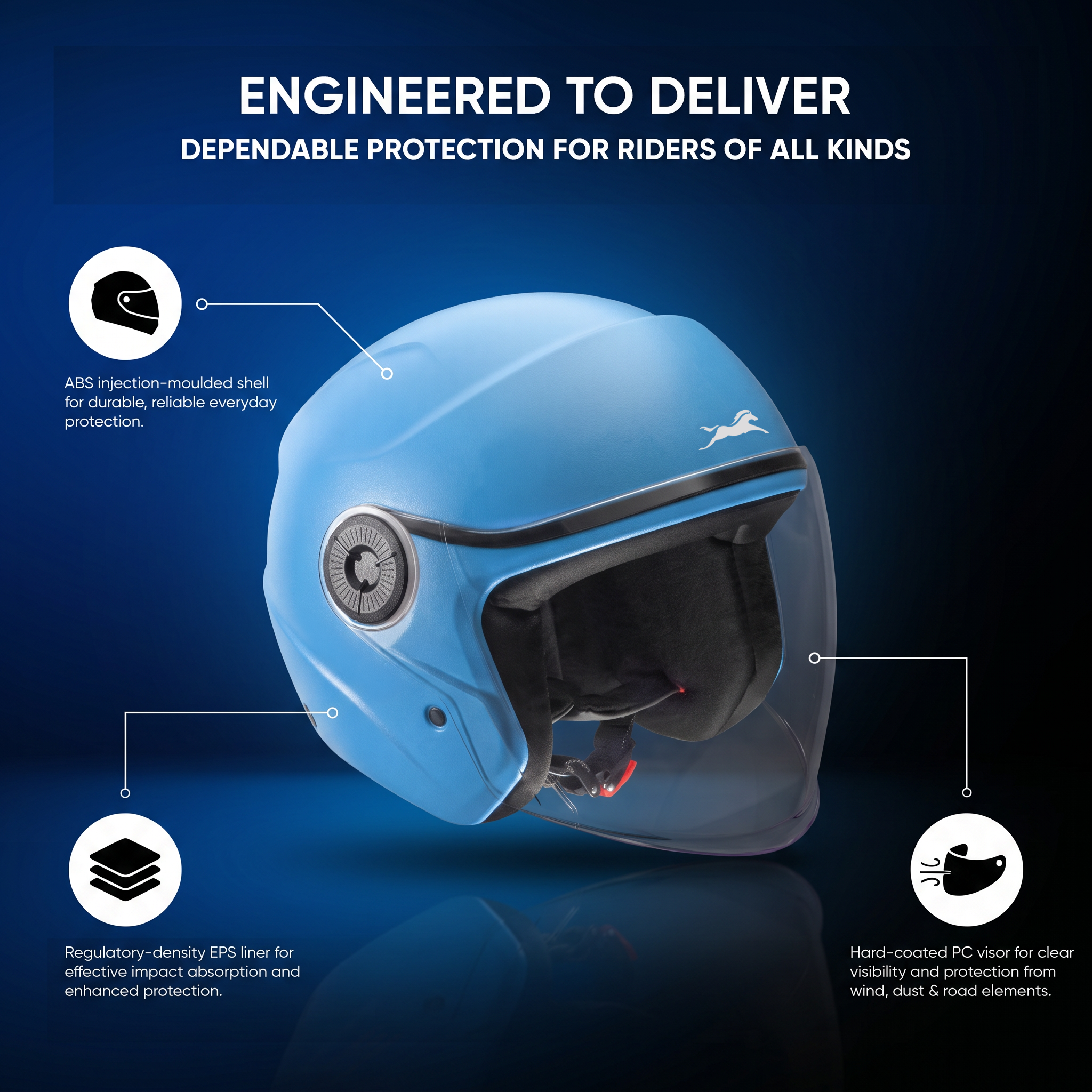 TVS Ace ISI Certified Open Face Matte Finish Helmet with Full Coverage Visor for Men and Women | Available in Eight Colors