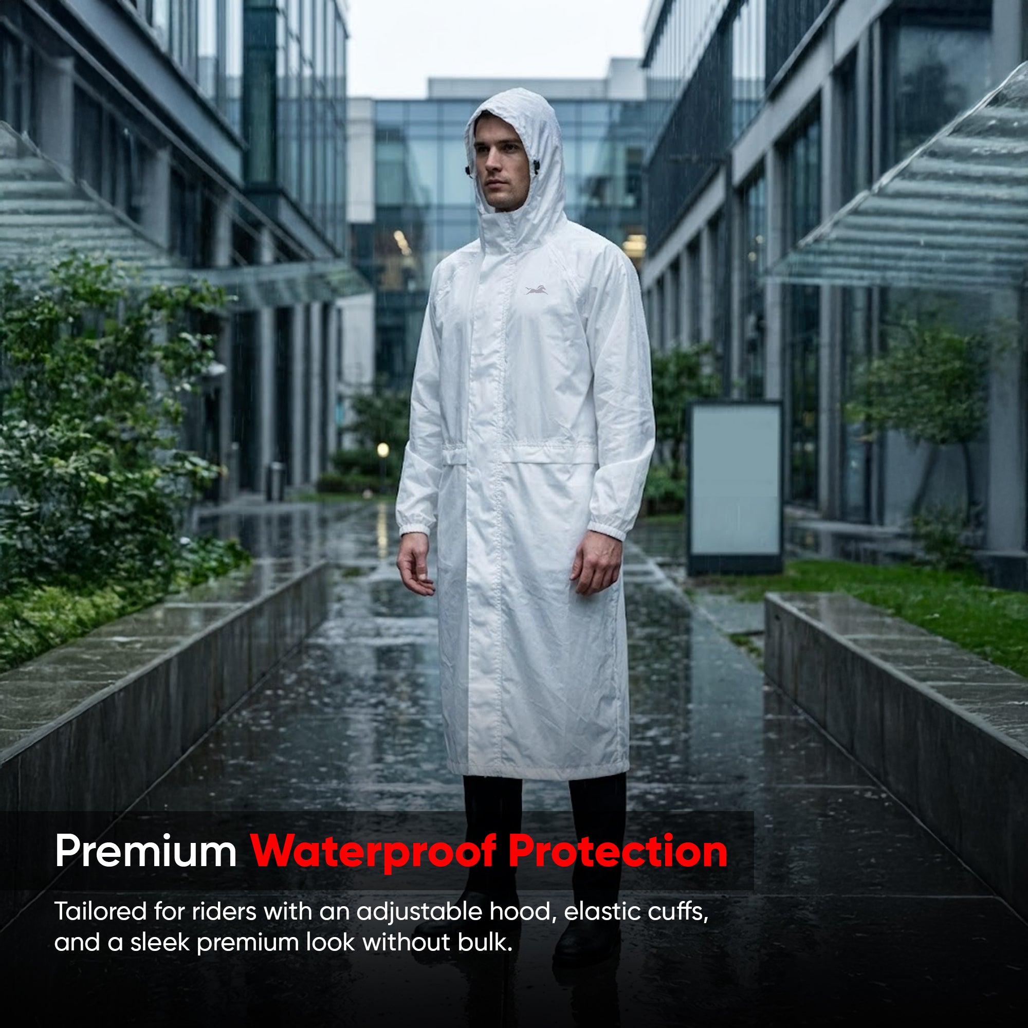 TVS Long Raincoat with Hood for Men & Women – PU Coated Waterproof Rain Wear with Reflective Back & Elasticated Sleeves | Color: White