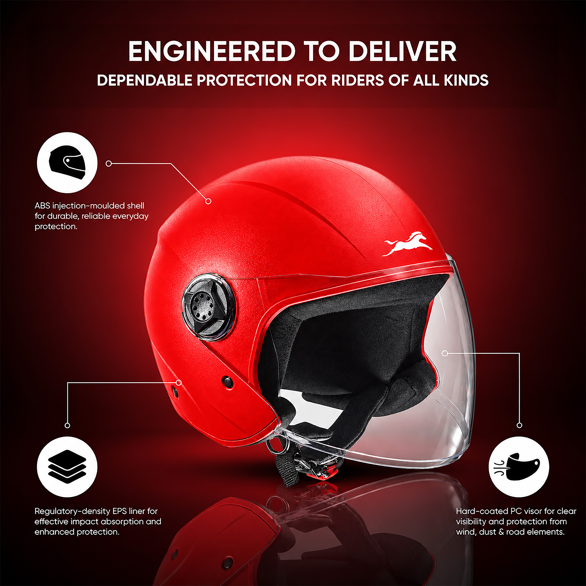 TVS Fit Open Face Long Visor Unisex Helmet | ISI Certified, Matte Finish and Light Weight Available in Multiple Colors