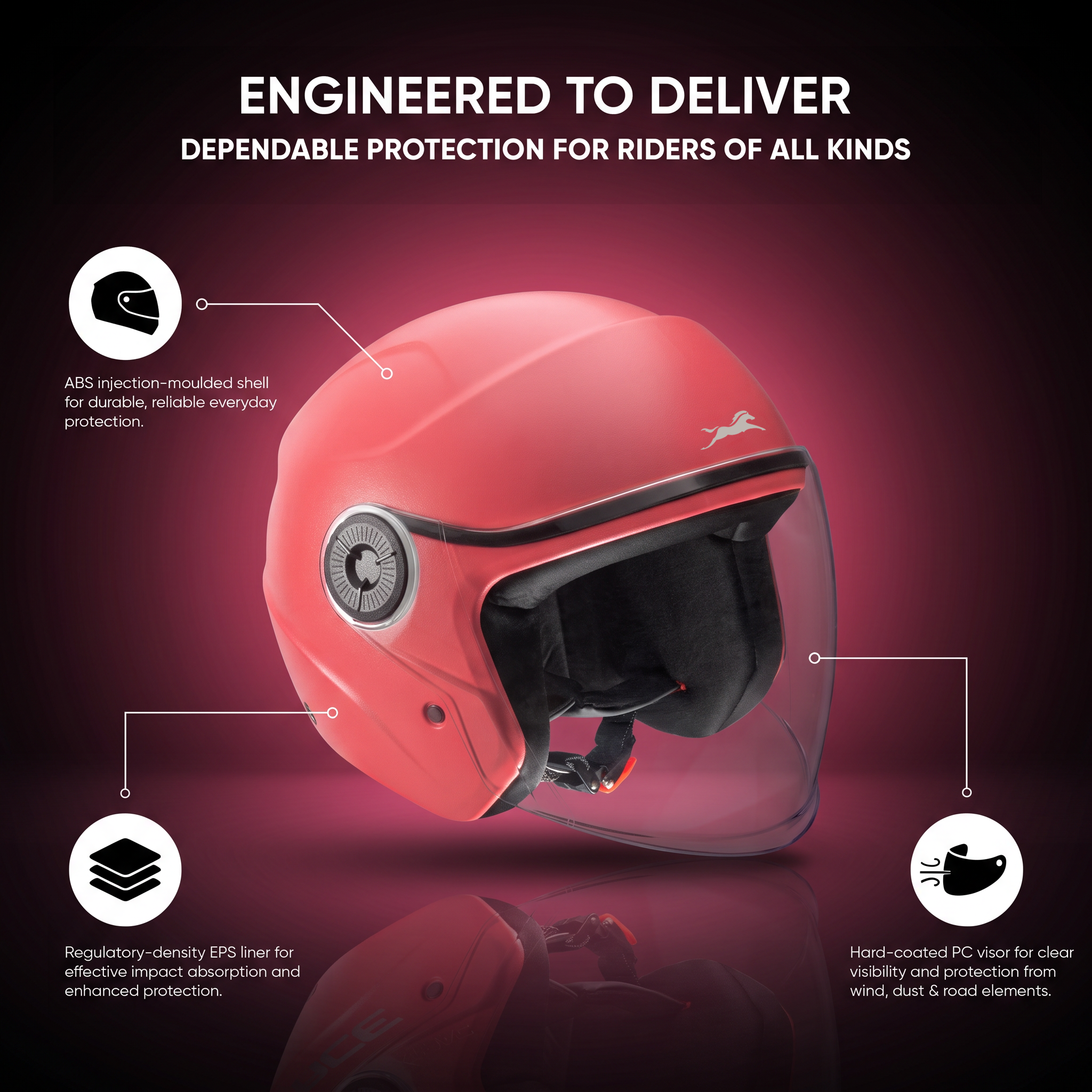 TVS Ace ISI Certified Open Face Matte Finish Helmet with Full Coverage Visor for Men and Women | Available in Eight Colors