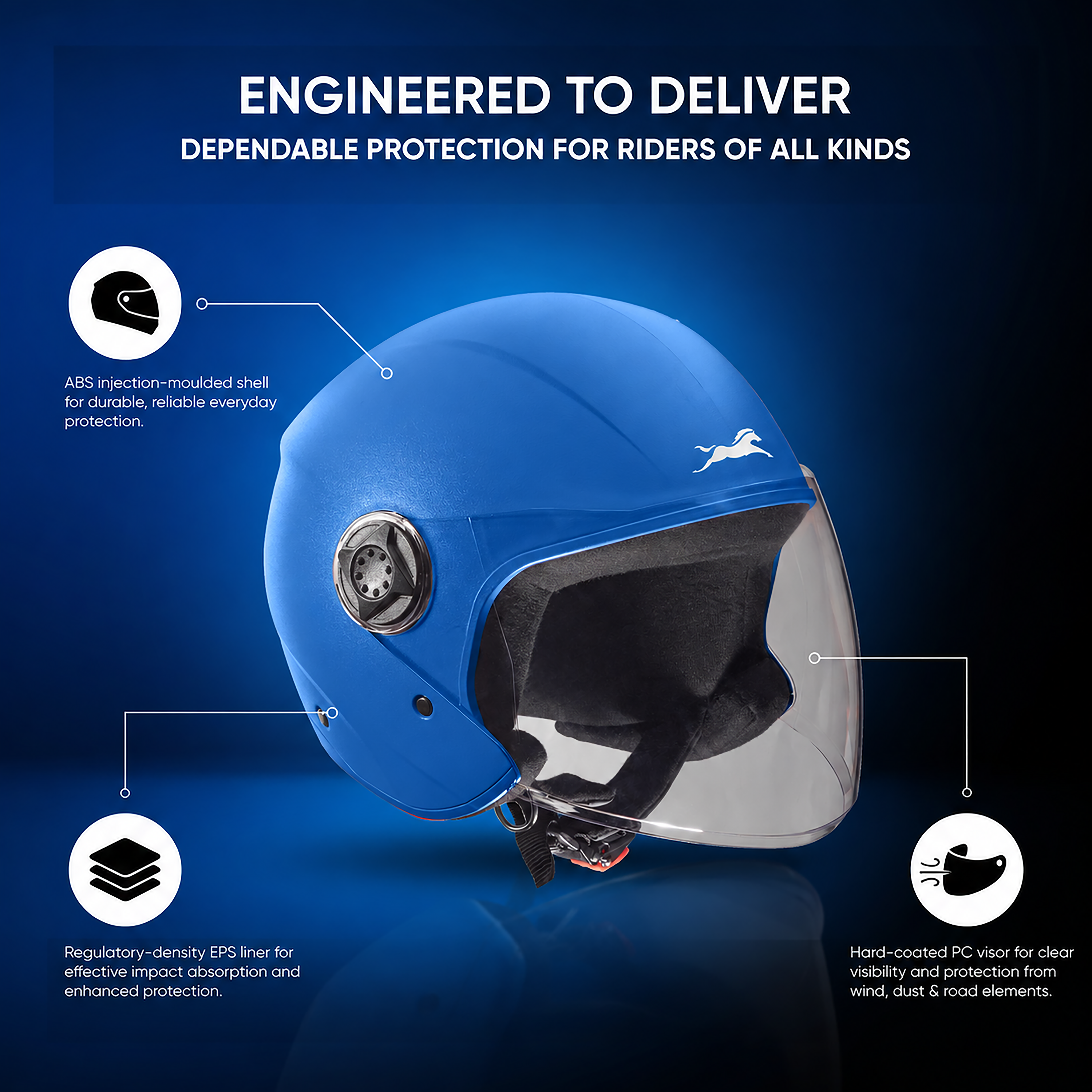 TVS Fit Open Face Long Visor Unisex Helmet | ISI Certified, Matte Finish and Light Weight Available in Multiple Colors