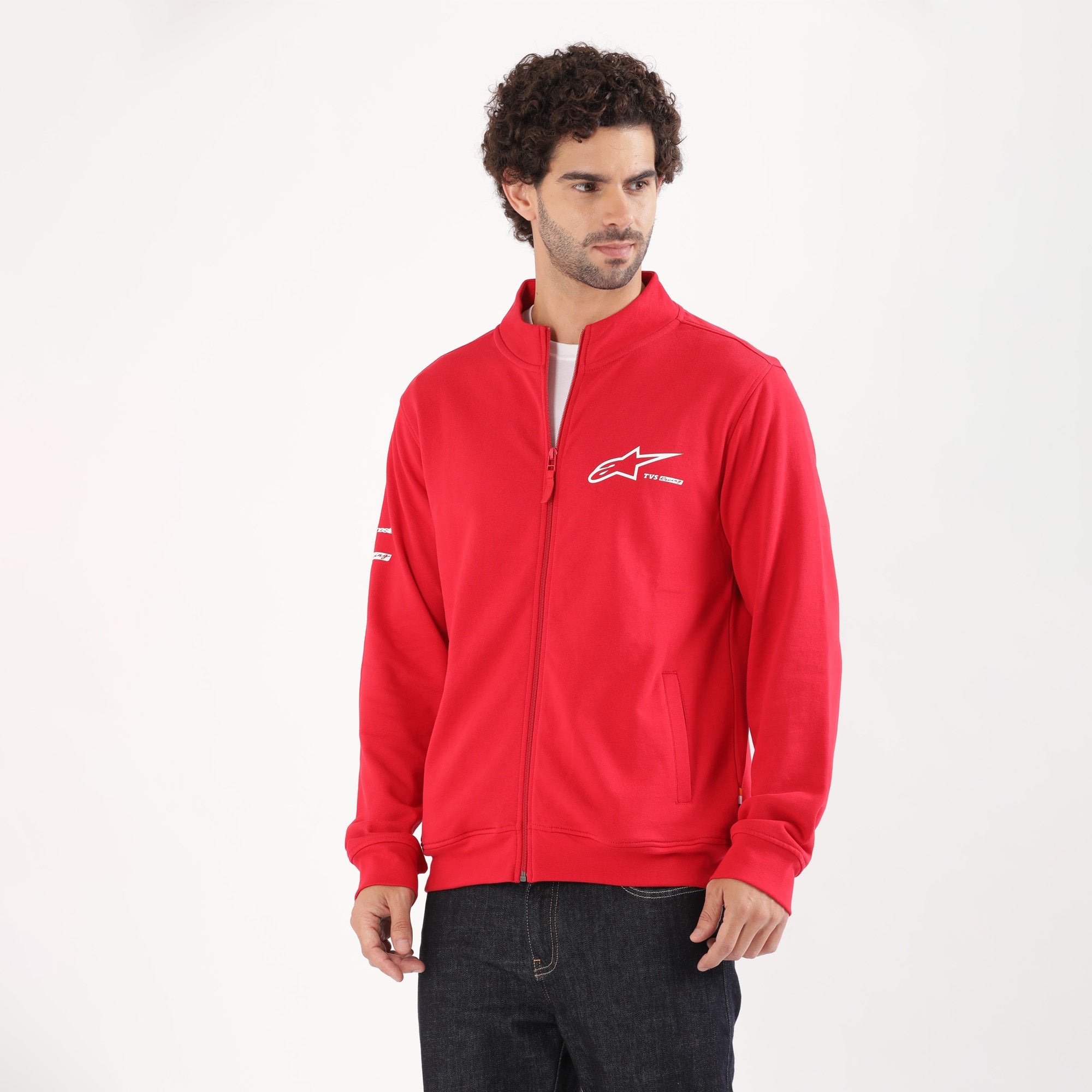 TVS Racing x Alpinestars High Neck Sweatshirt – 100% Cotton French Terry, Ultra-Soft Comfort, Breathable Anti-Odor Fabric, YKK Zipper, Ribbed Hem, Utility Pockets & Stylish Rider Look