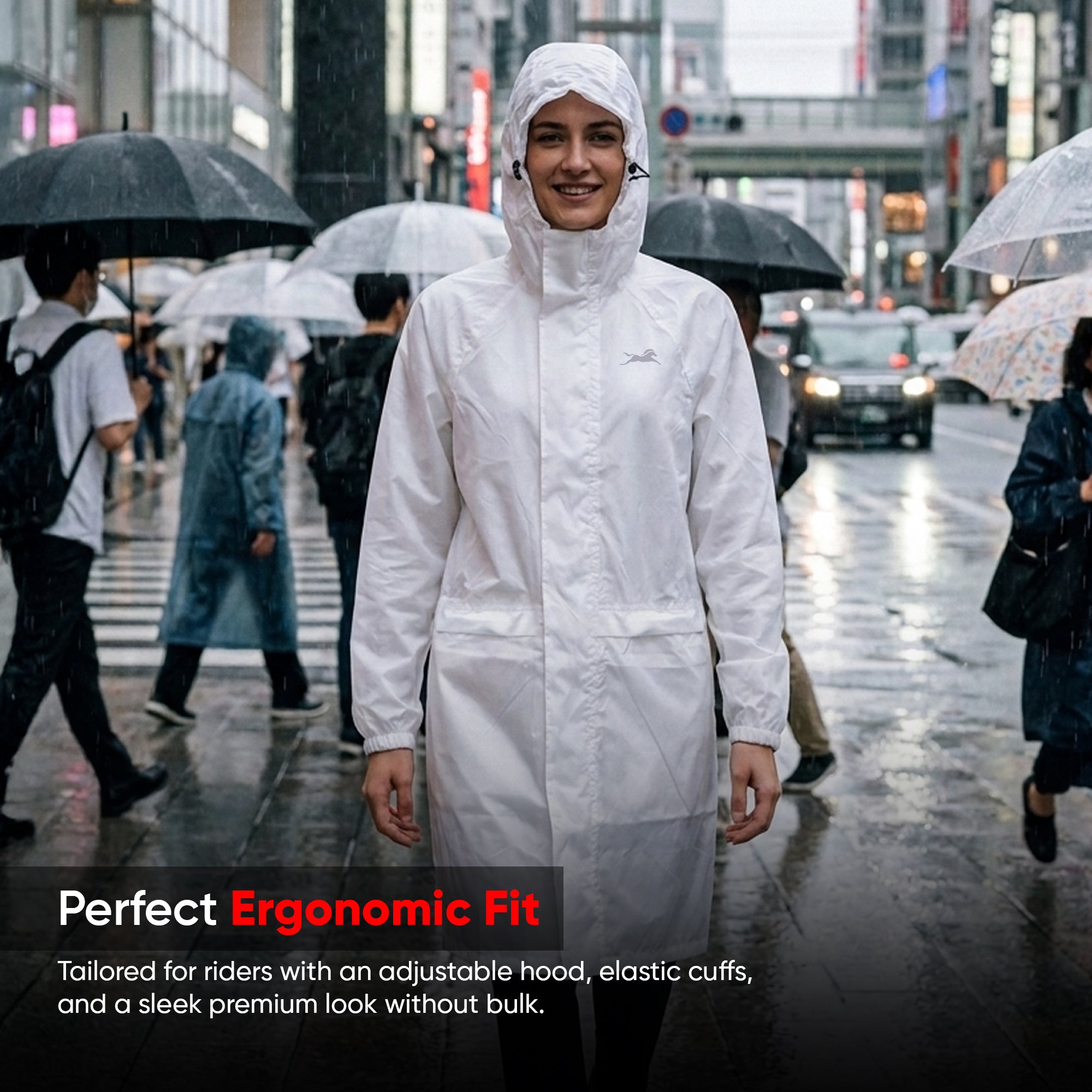 TVS Long Raincoat with Hood for Men & Women – PU Coated Waterproof Rain Wear with Reflective Back & Elasticated Sleeves | Color: White