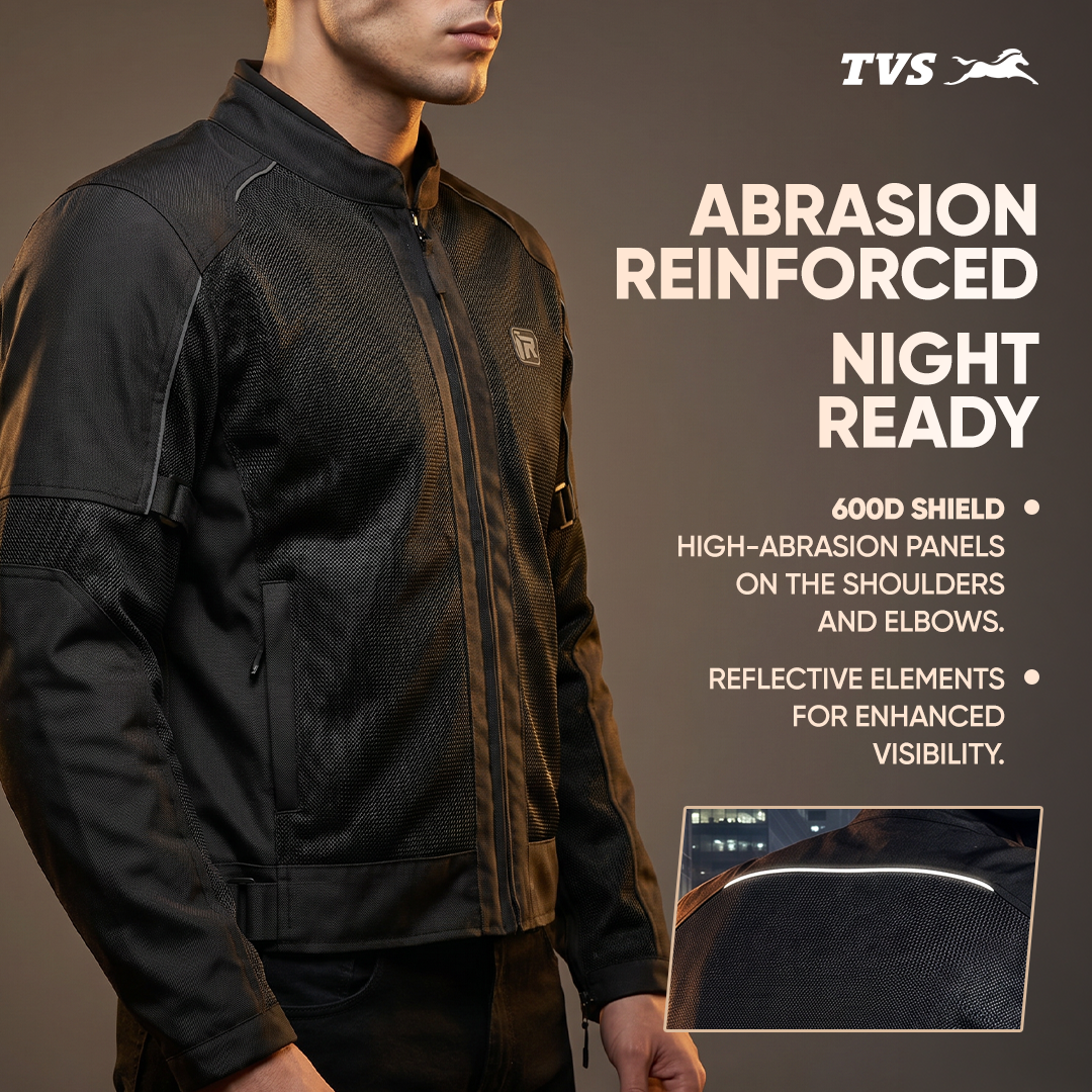 TVS Ronin Edition Mesh Riding Jacket for Men | 1.6 Kg Bike Riding Jacket with CE Level 2 Lightweight Back, Sholuder and Elbow Armours, 600D Protection, Lightweight Summer Motorcycle Jacket for Touring, City Riding, Biker Gear for Men
