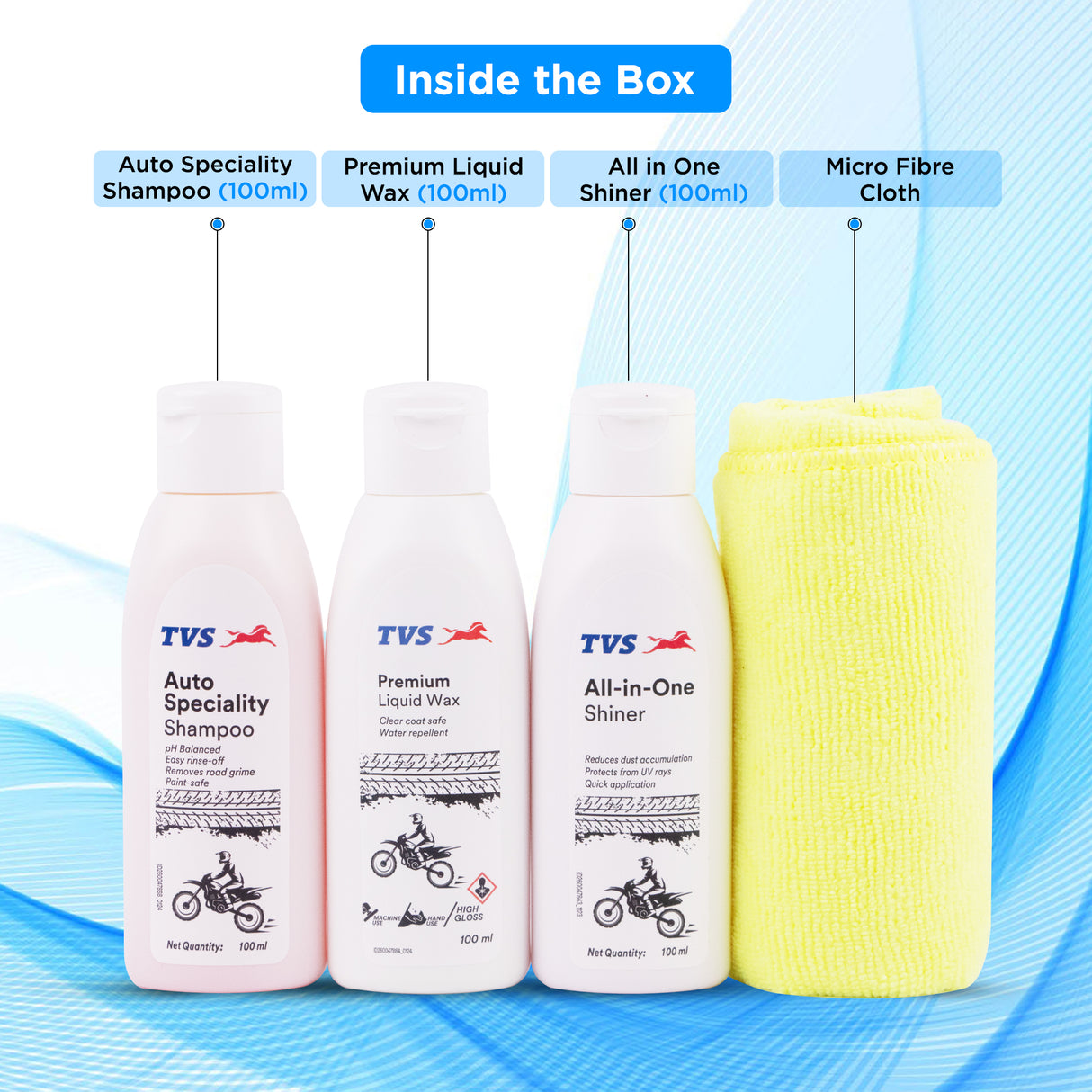 TVS Bike Care Kit Contains Shampoo, Liquid Wax, Shiner and Microfiber Cloth