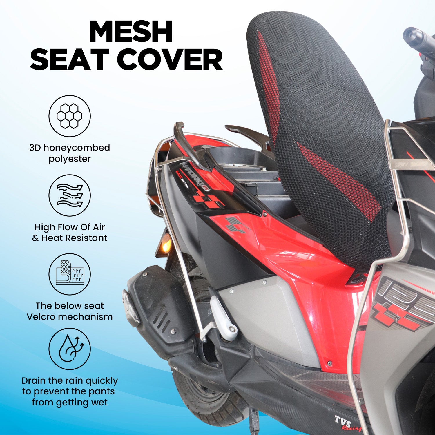 TVS Mesh Seat Cover for Ntorq - Polyester, Breathable 3D Honeycomb with Anti-Slip, All-Weather Protection