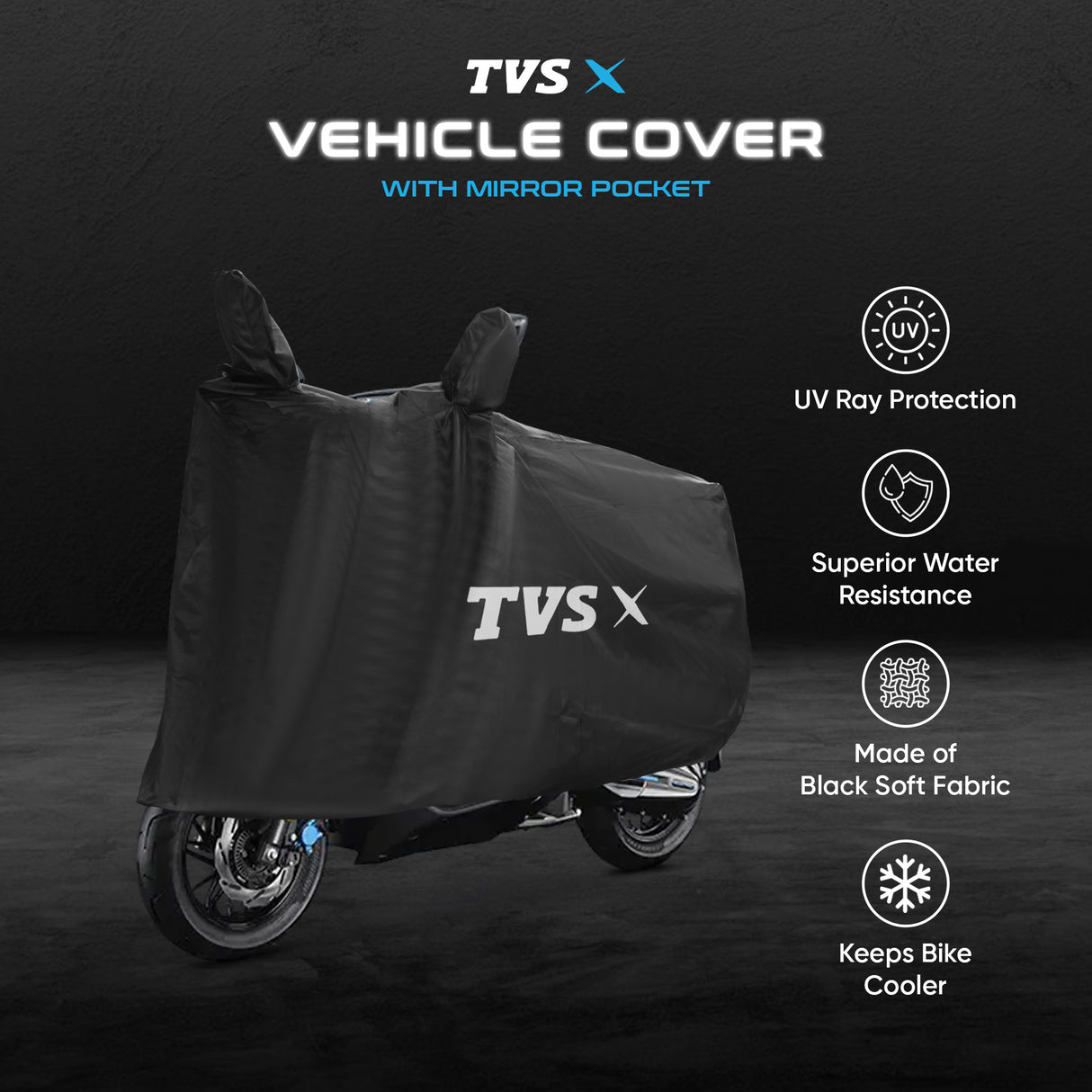 TVS X Vehicle Cover with Mirror Pocket | Rubberised Black | All-Weather Protection