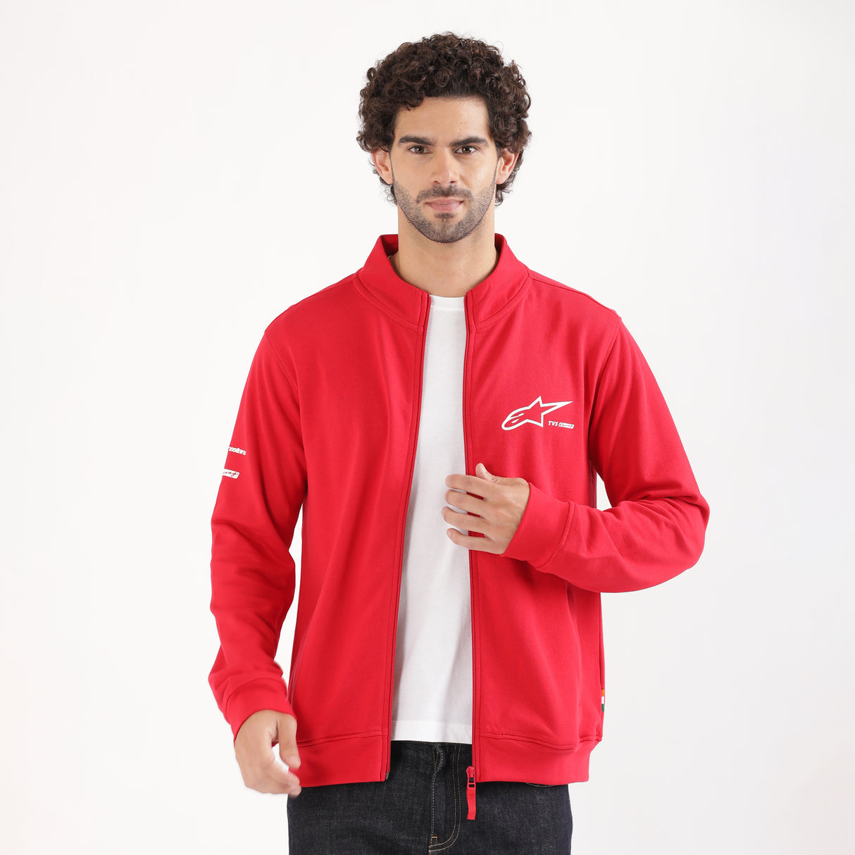 TVS Racing x Alpinestars High Neck Sweatshirt – 100% Cotton French Terry, Ultra-Soft Comfort, Breathable Anti-Odor Fabric, YKK Zipper, Ribbed Hem, Utility Pockets & Stylish Rider Look