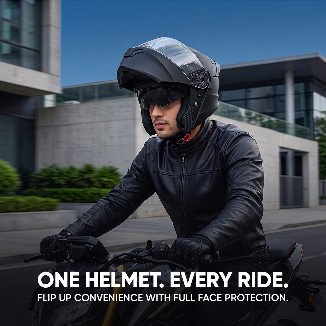 TVS Racing SuperPose Smoked Dual Visor Flip Up Modular Helmet for Men and Women, ISI DOT Certified, ABS Shell, Quick Release Visor, Lightweight, Ventilated, Open Face to Full Face