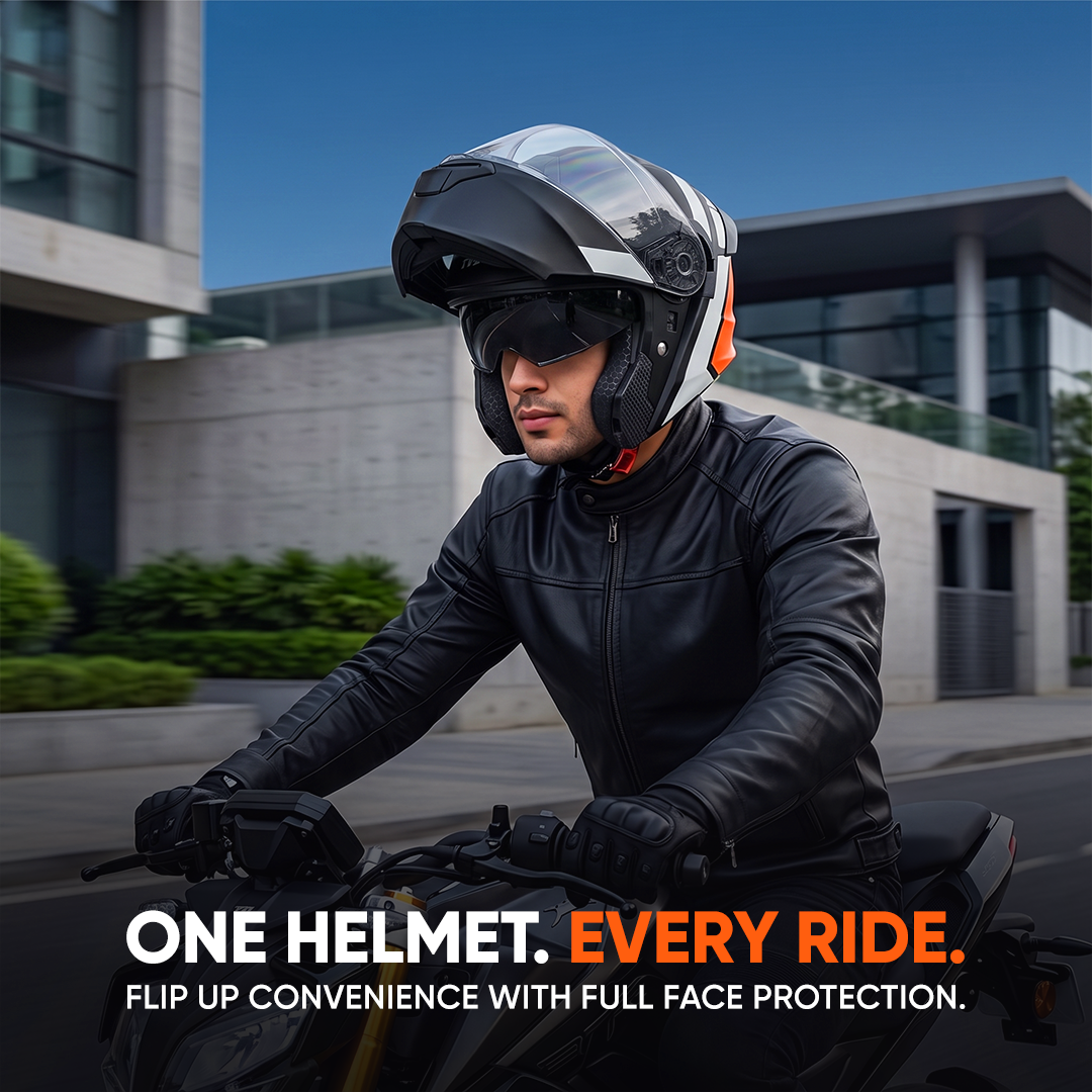 TVS Racing SuperPose Smoked Dual Visor Flip Up Modular Helmet for Men and Women, ISI DOT Certified, ABS Shell, Quick Release Visor, Lightweight, Ventilated, Open Face to Full Face