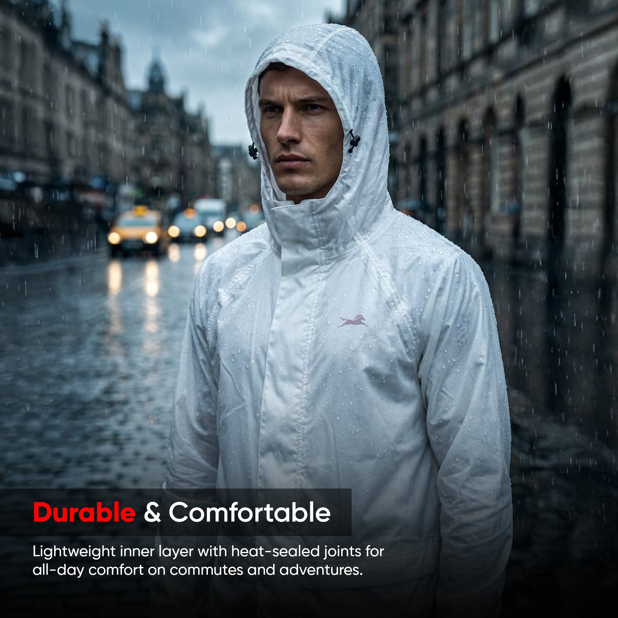 TVS Long Raincoat with Hood for Men & Women – PU Coated Waterproof Rain Wear with Reflective Back & Elasticated Sleeves | Color: White