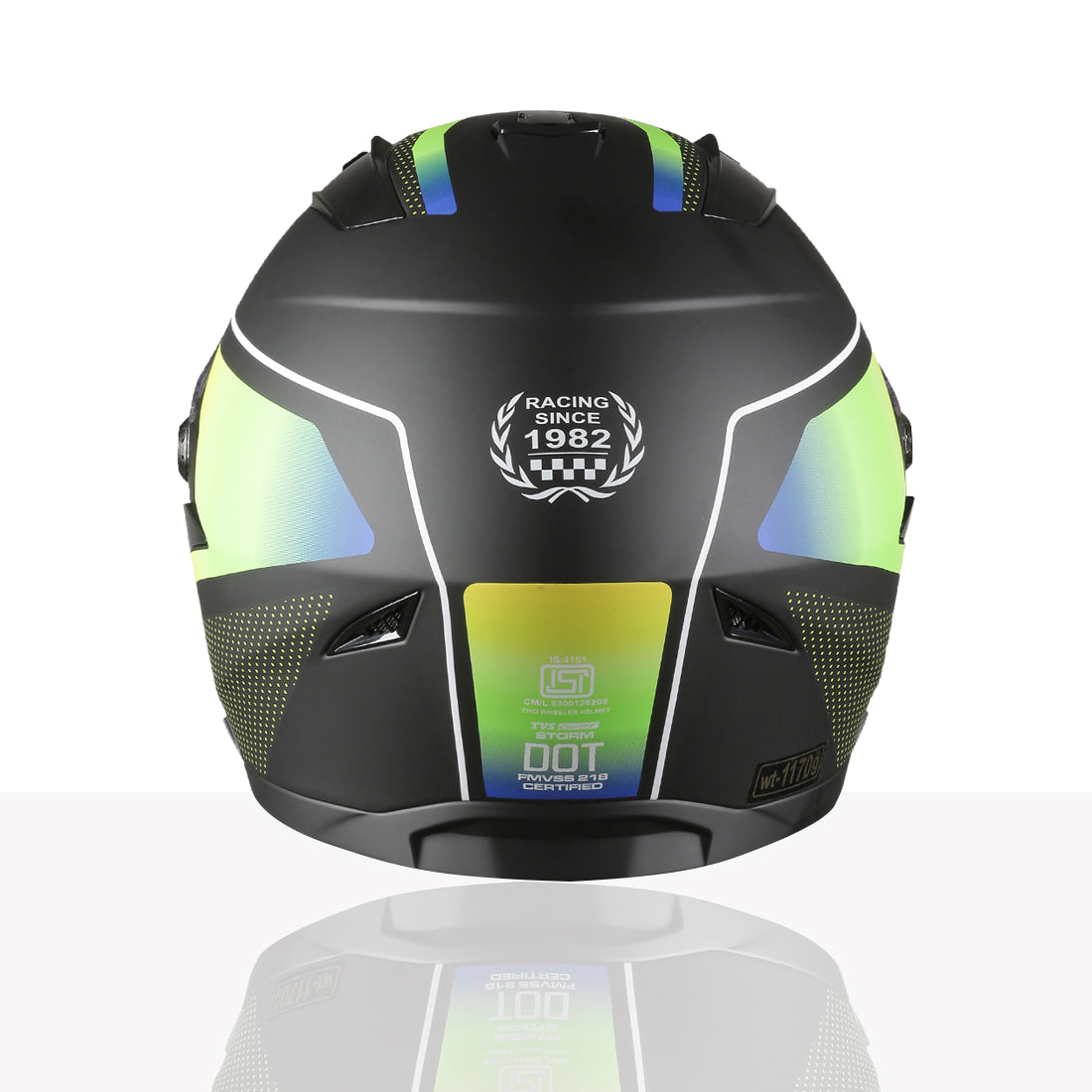 TVS Racing Anti Matter Full Face Helmet for Bike & Motorcycle Riders-DOT & ISI Certified-Lightweight ABS Shell, UV Resistant-Ventilated Comfort Liner, Quick-Release Visor & Chin Strap (Matt Black Green)