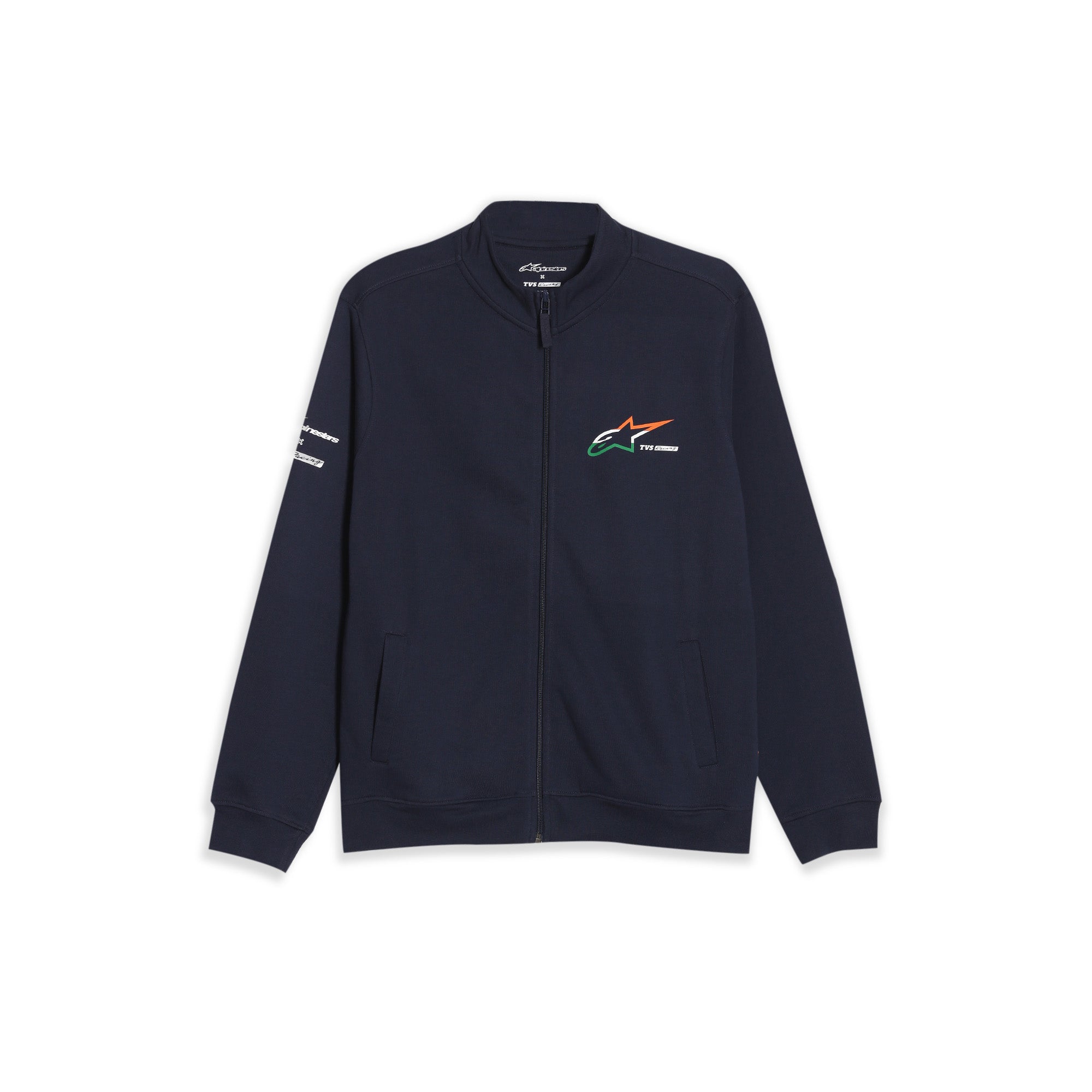 TVS Racing x Alpinestars High Neck Sweatshirt – 100% Cotton French Terry, Ultra-Soft Comfort, Breathable Anti-Odor Fabric, YKK Zipper, Ribbed Hem, Utility Pockets & Stylish Rider Look