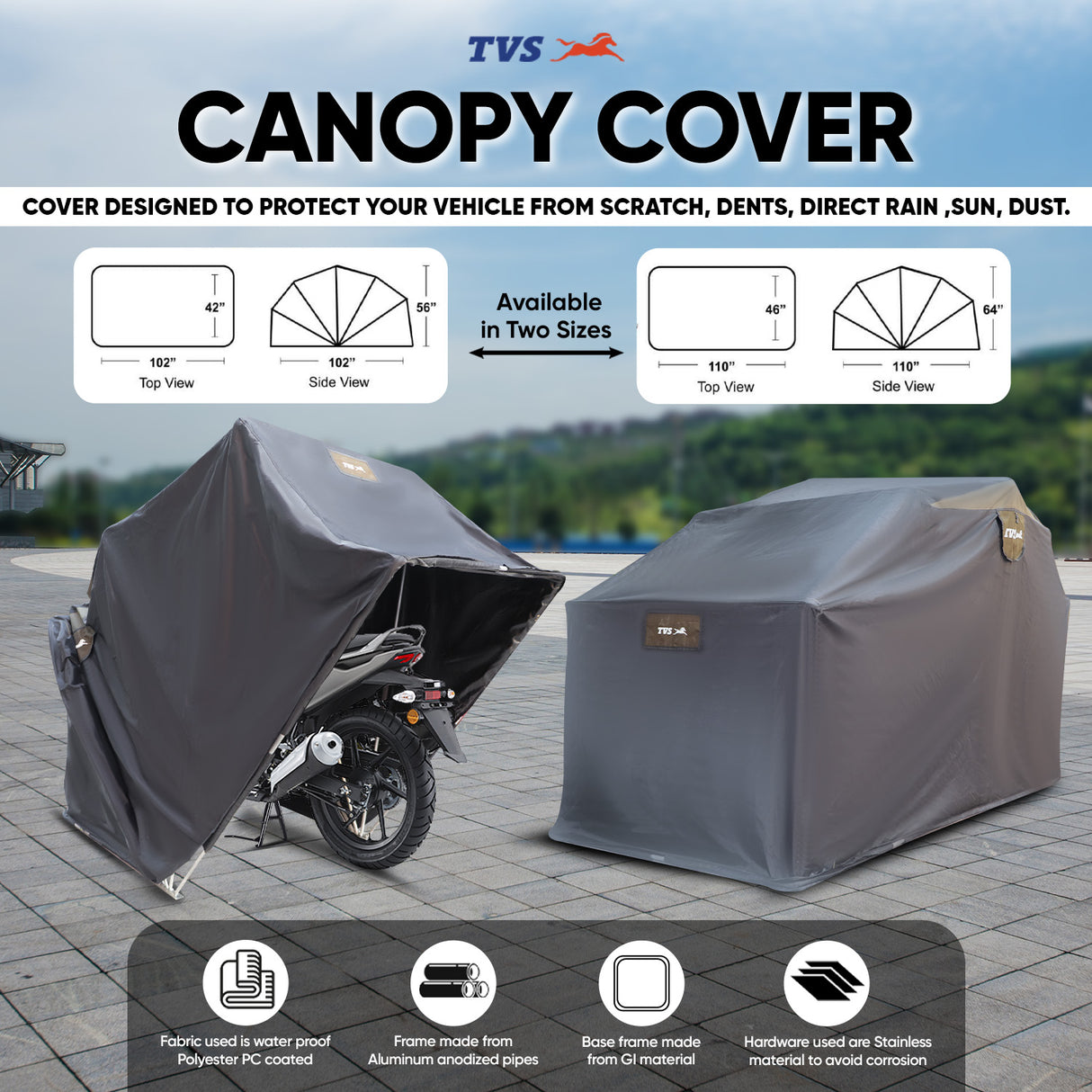 TVS Canopy Vehicle Cover Big, Size: 110"x64" - All-Weather Protection for Your Two-Wheeler