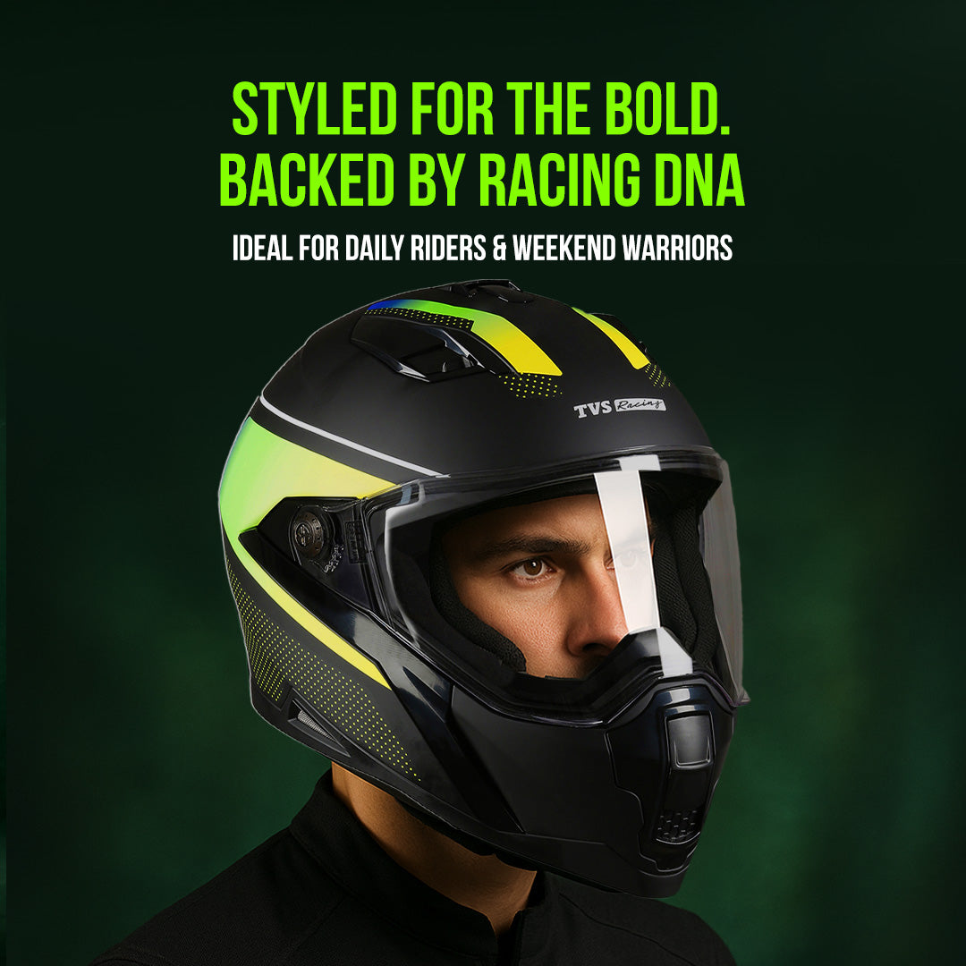 TVS Racing Anti Matter Full Face Helmet for Bike & Motorcycle Riders-DOT & ISI Certified-Lightweight ABS Shell, UV Resistant-Ventilated Comfort Liner, Quick-Release Visor & Chin Strap