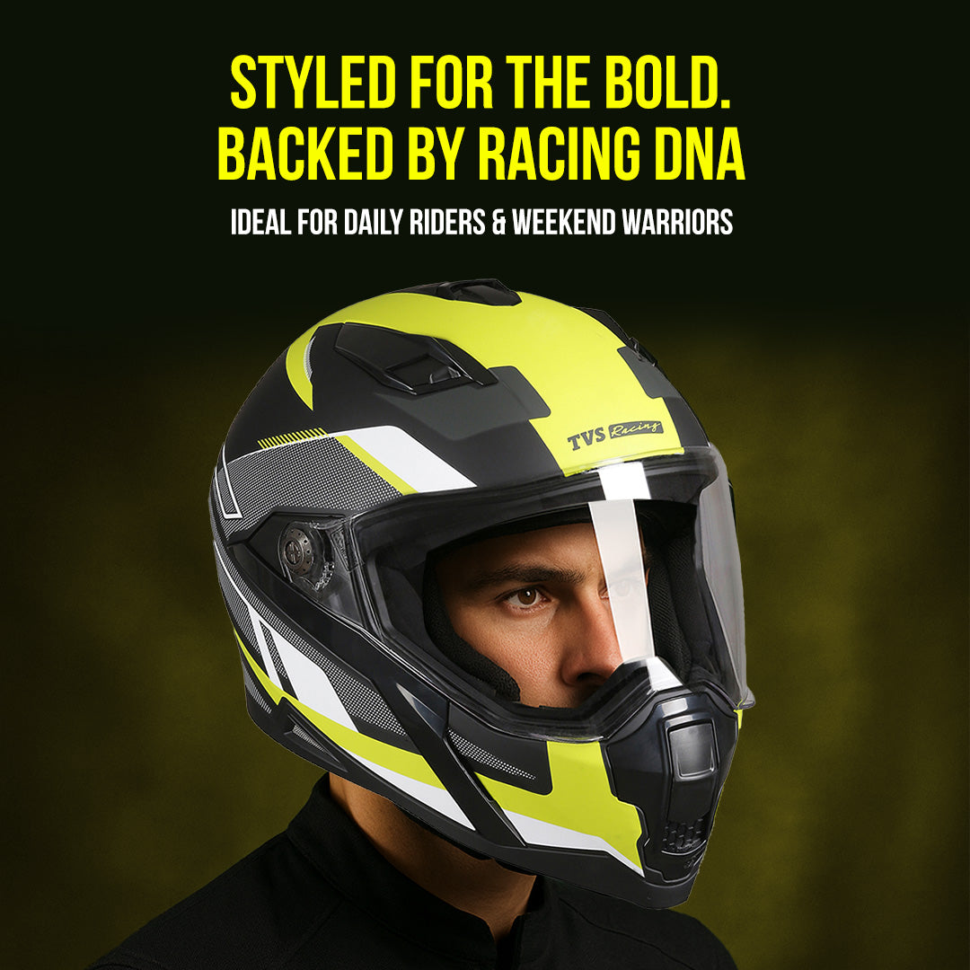 TVS Racing Anti Matter Full Face Helmet for Bike & Motorcycle Riders-DOT & ISI Certified-Lightweight ABS Shell, UV Resistant-Ventilated Comfort Liner, Quick-Release Visor & Chin Strap