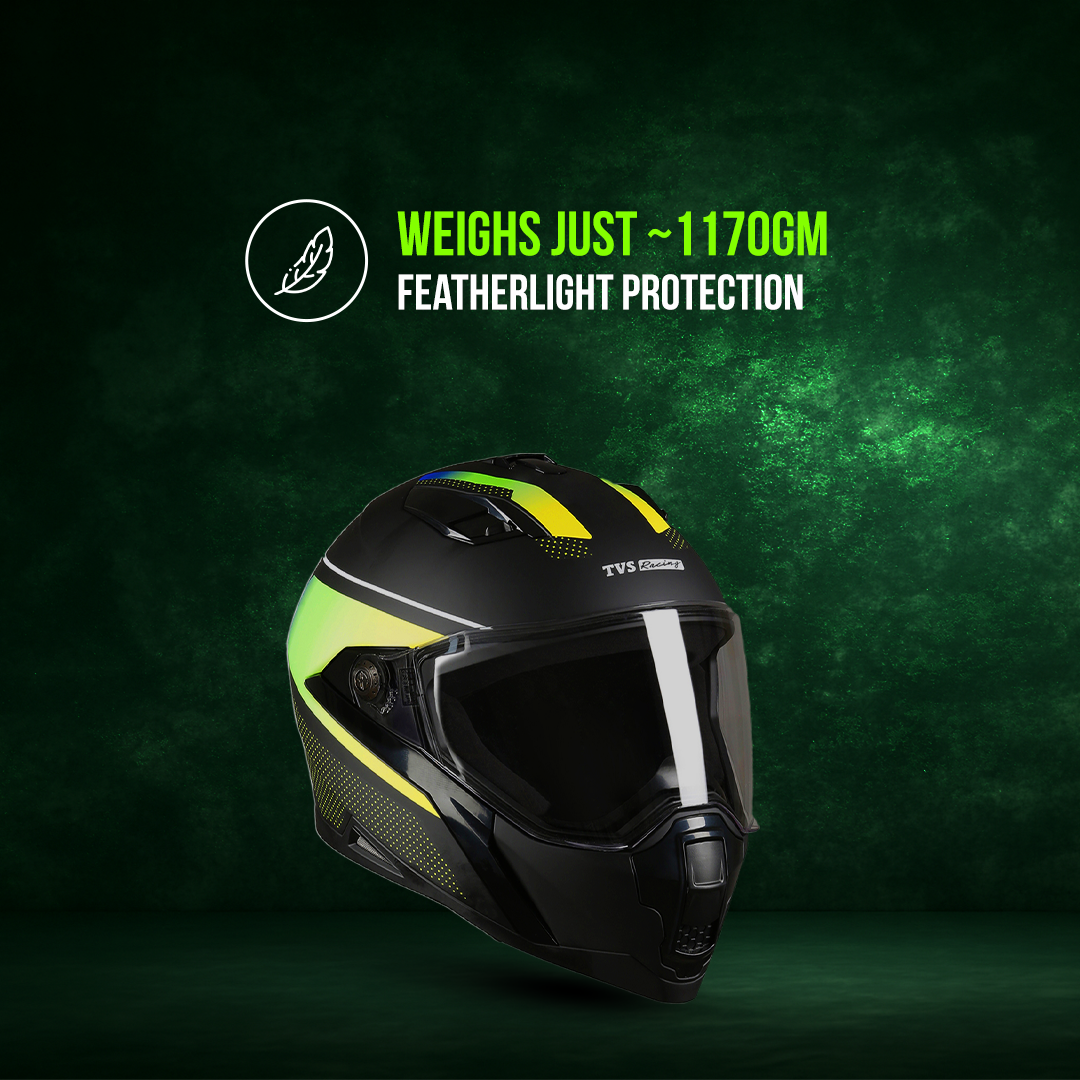 TVS Racing Anti Matter Full Face Helmet for Bike & Motorcycle Riders-DOT & ISI Certified-Lightweight ABS Shell, UV Resistant-Ventilated Comfort Liner, Quick-Release Visor & Chin Strap